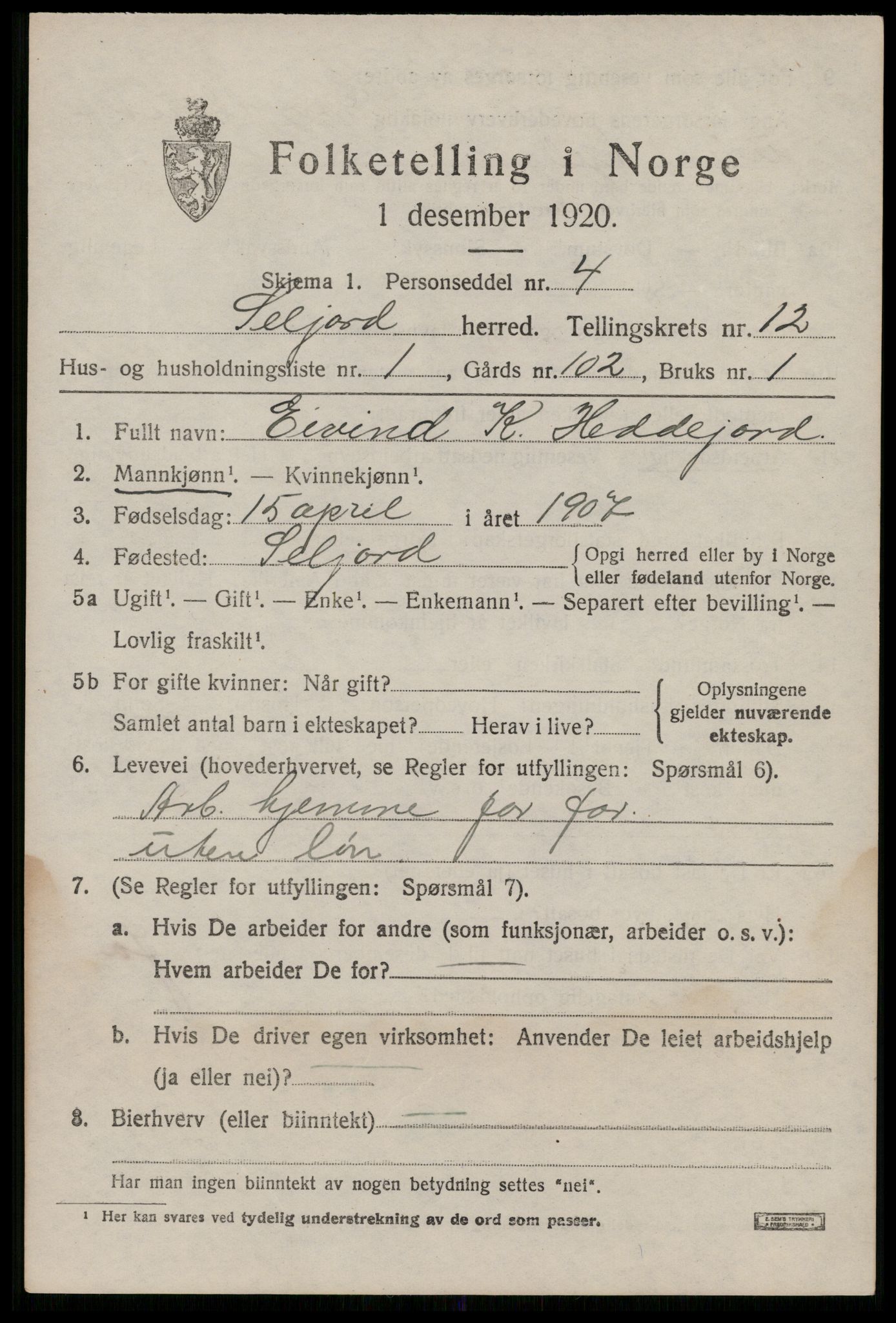 SAKO, 1920 census for Seljord, 1920, p. 5760