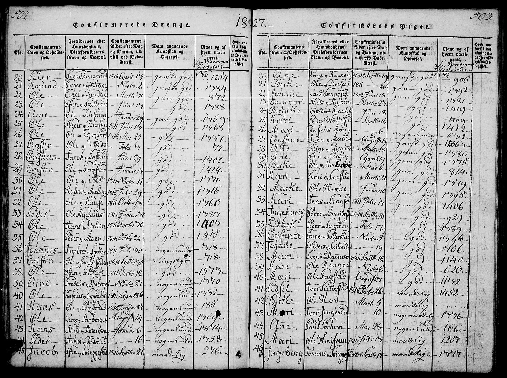 Fåberg prestekontor, SAH/PREST-086/H/Ha/Hab/L0004: Parish register (copy) no. 4, 1818-1837, p. 502-503