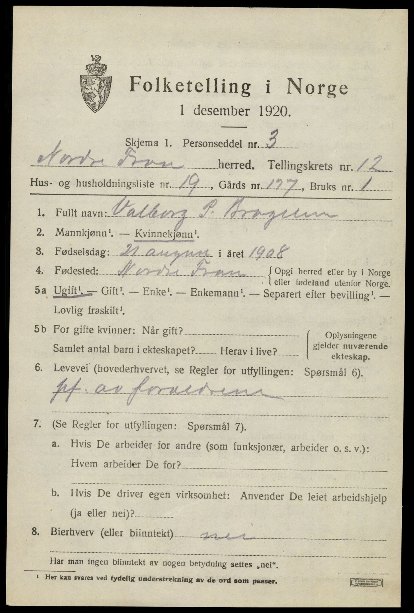 SAH, 1920 census for Nord-Fron, 1920, p. 10012