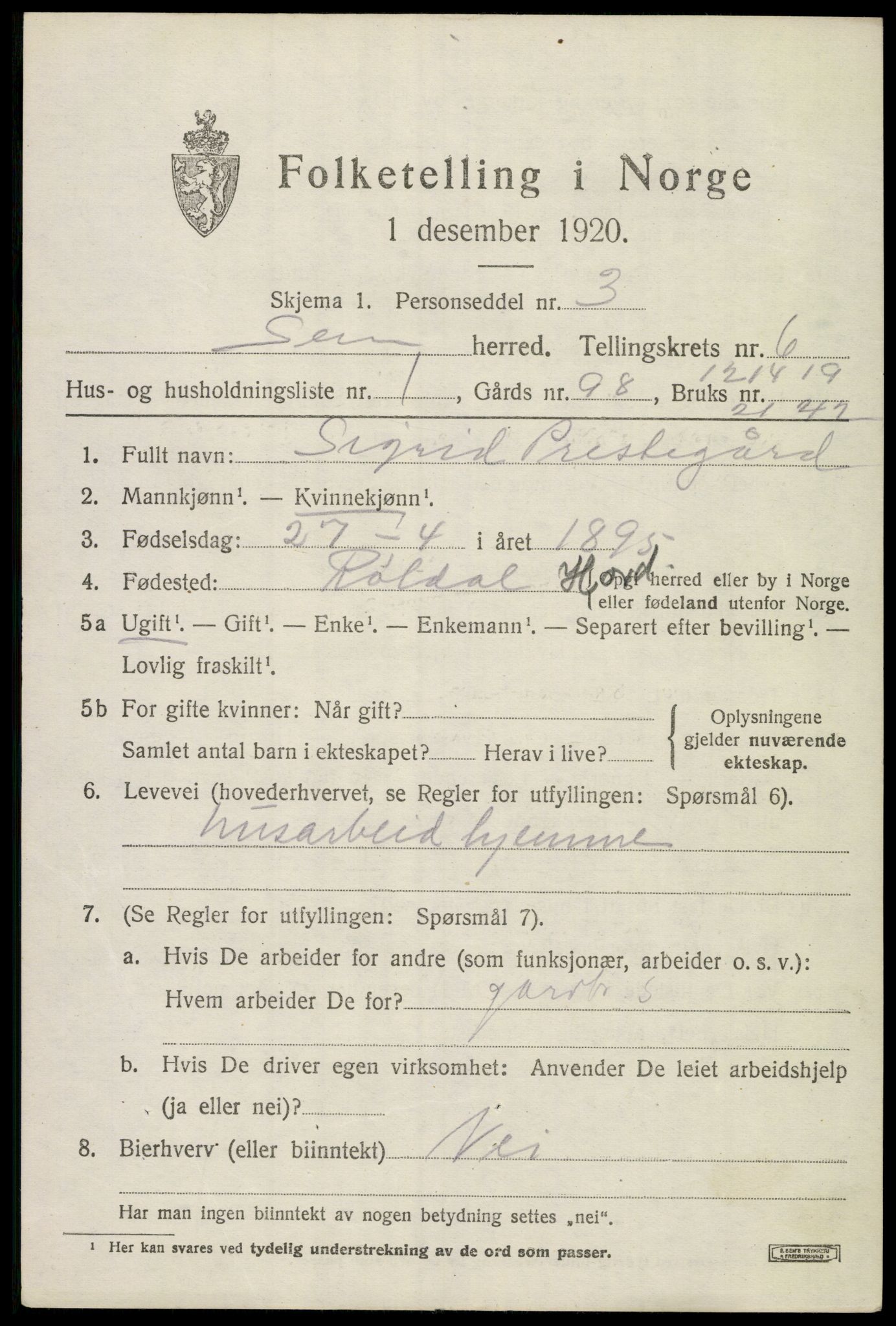 SAKO, 1920 census for Sem, 1920, p. 9591