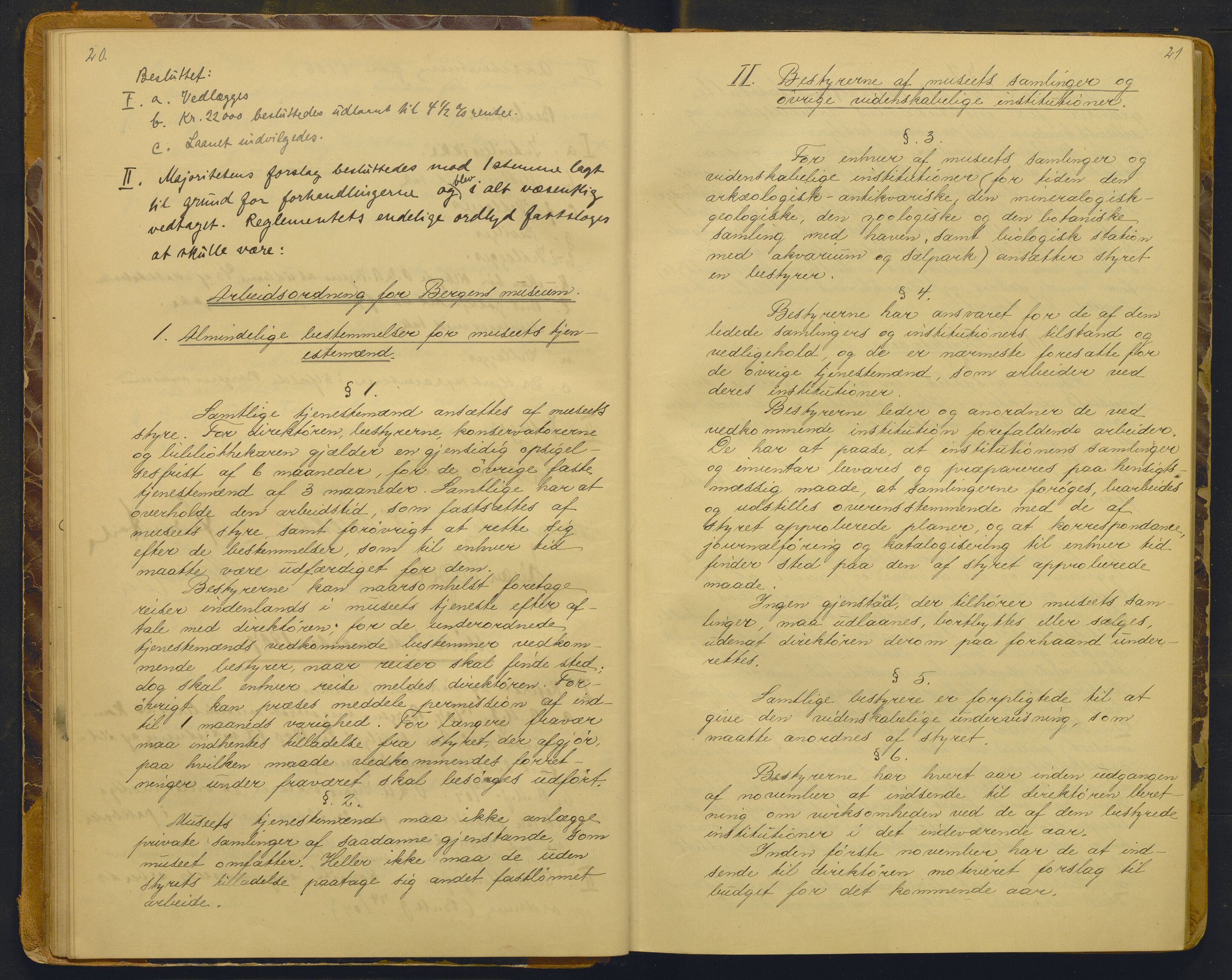 Bergens Museum, AV/SAB-A-17301/02/A/L0008: Forhandlingsprotokoll med register , 1906-1927, p. 20-21
