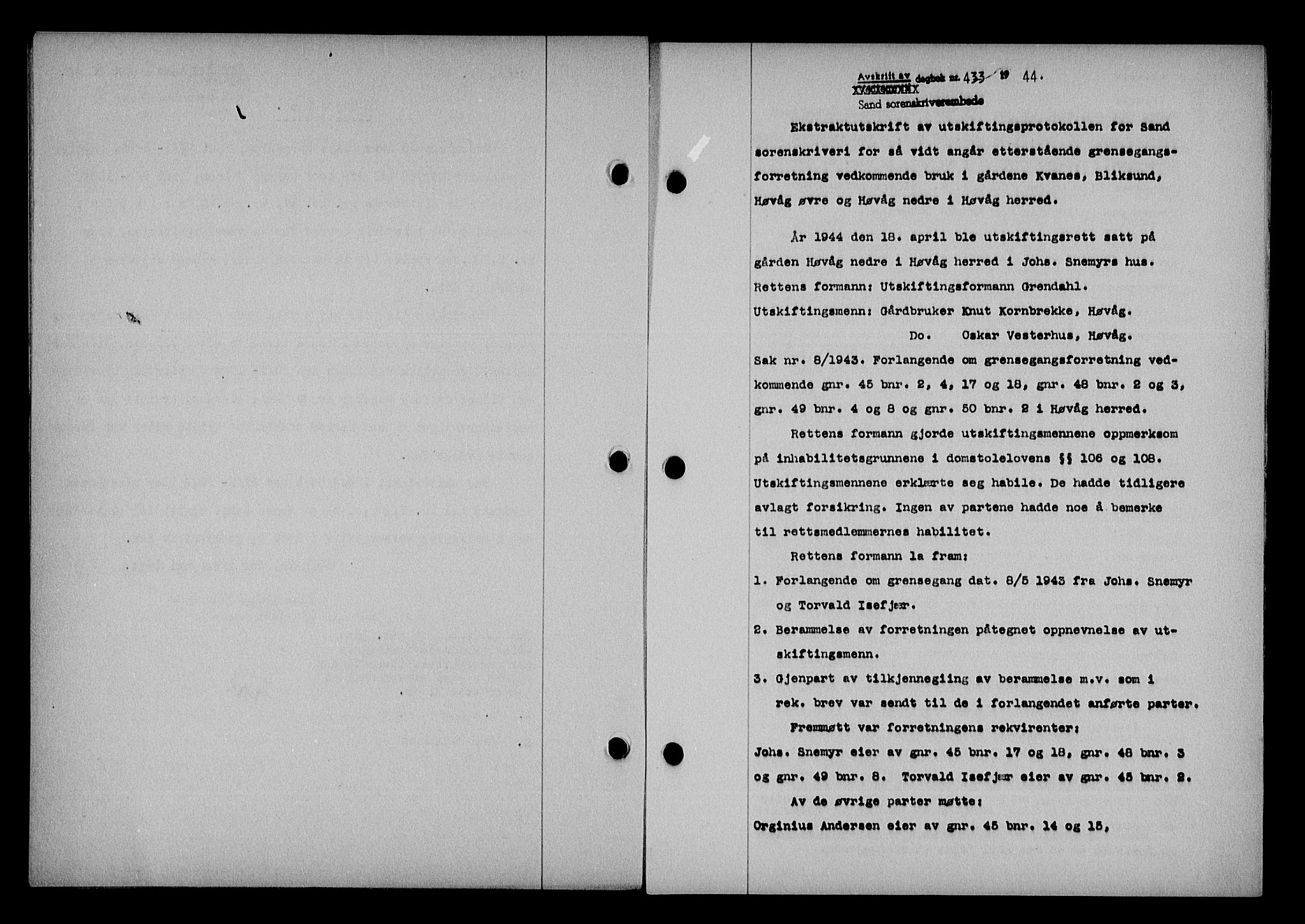 Vestre Nedenes/Sand sorenskriveri, SAK/1221-0010/G/Gb/Gba/L0053: Mortgage book no. A 6, 1944-1945, Diary no: : 433/1944