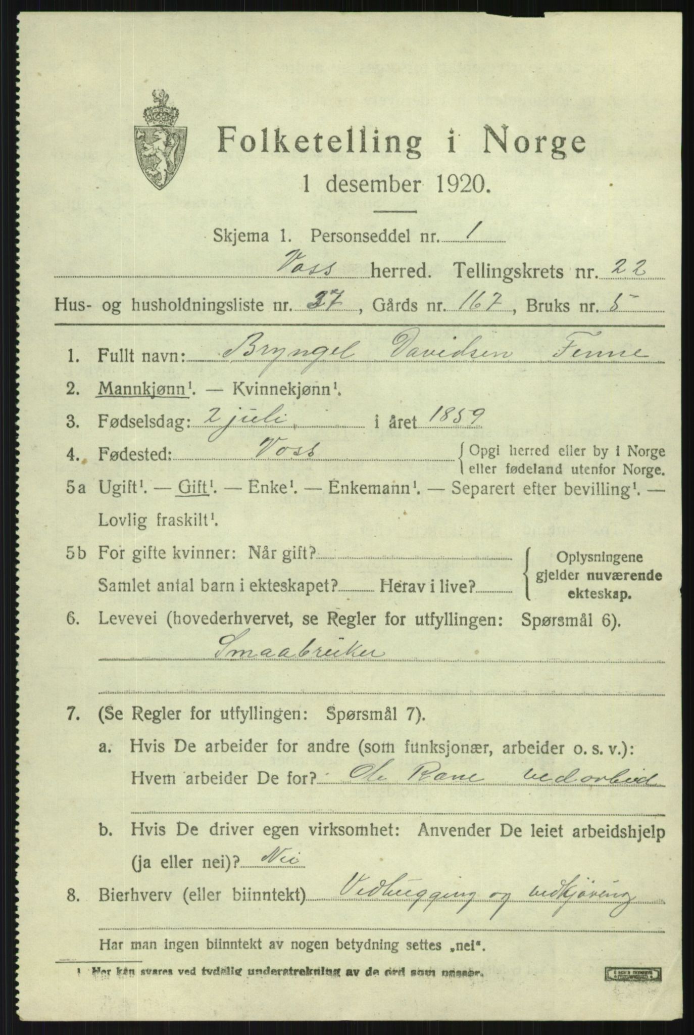 SAB, 1920 census for Voss, 1920, p. 15625