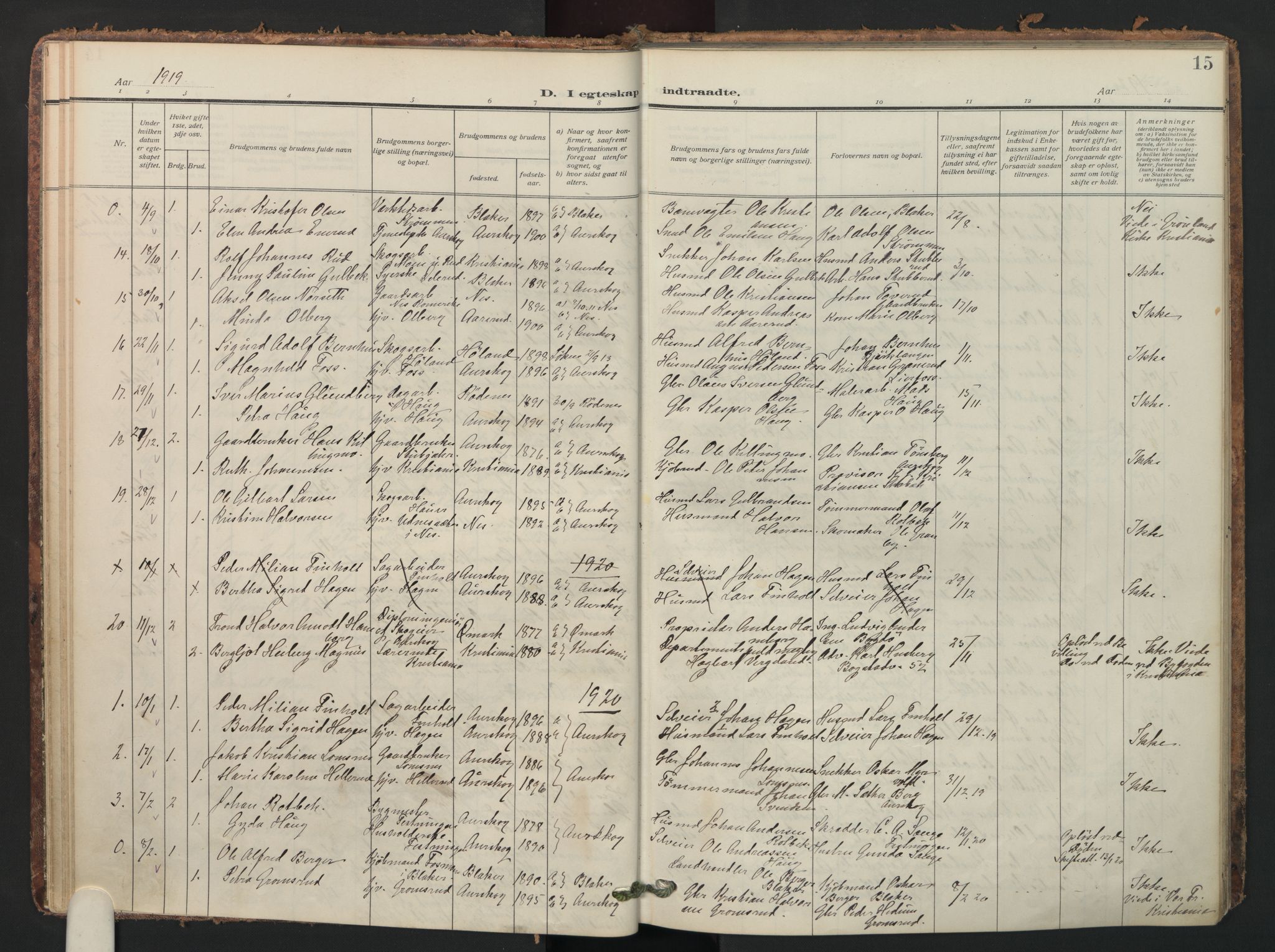 Aurskog prestekontor Kirkebøker, SAO/A-10304a/F/Fa/L0016: Parish register (official) no. I 16, 1910-1934, p. 15