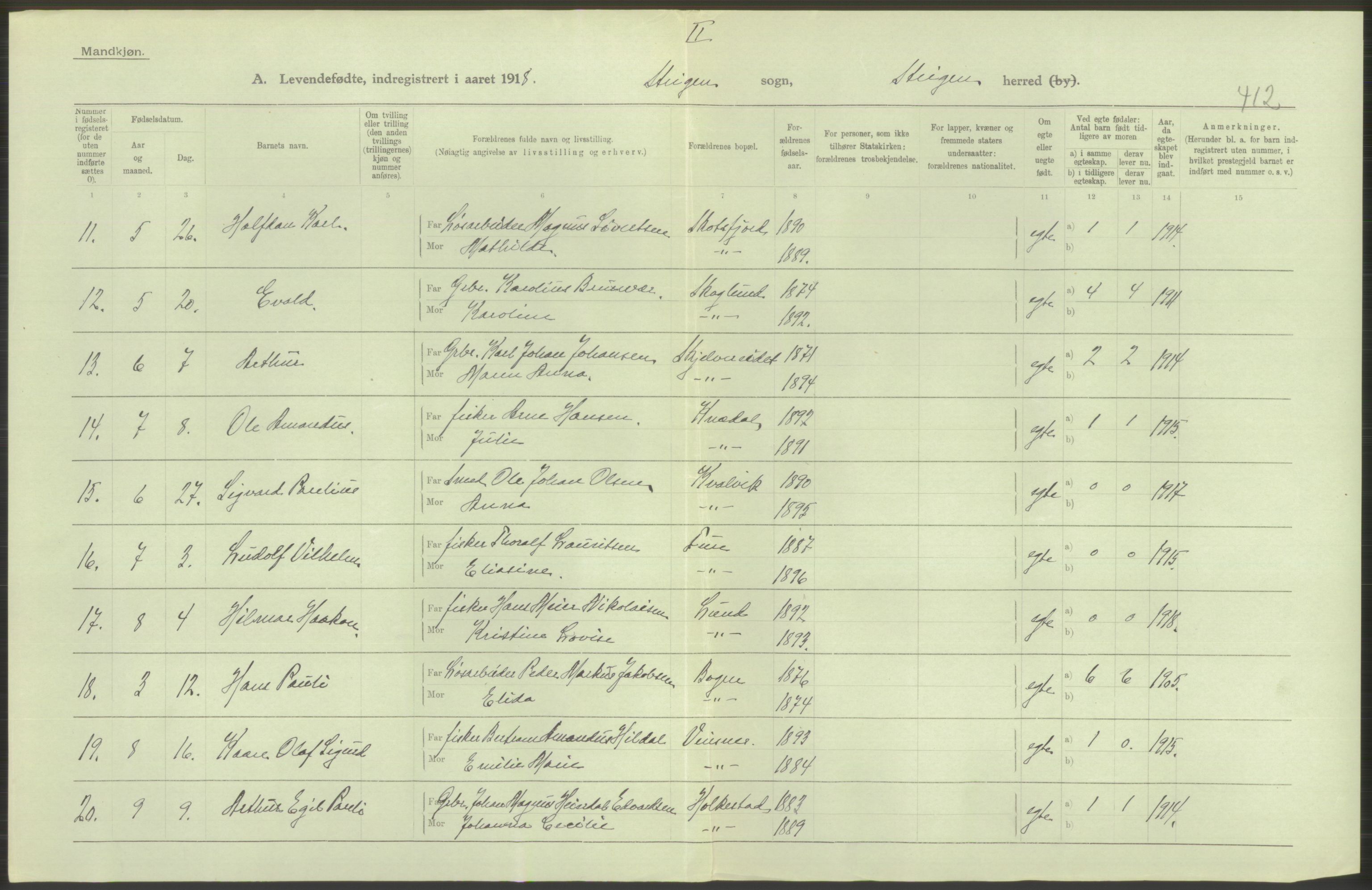 Statistisk sentralbyrå, Sosiodemografiske emner, Befolkning, RA/S-2228/D/Df/Dfb/Dfbh/L0052: Nordland fylke: Levendefødte menn og kvinner. Bygder., 1918, p. 448