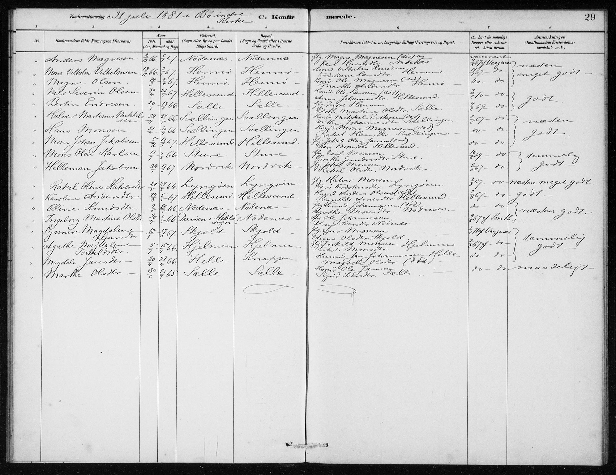 Manger sokneprestembete, AV/SAB-A-76801/H/Haa: Parish register (official) no. E  1, 1881-1890, p. 29