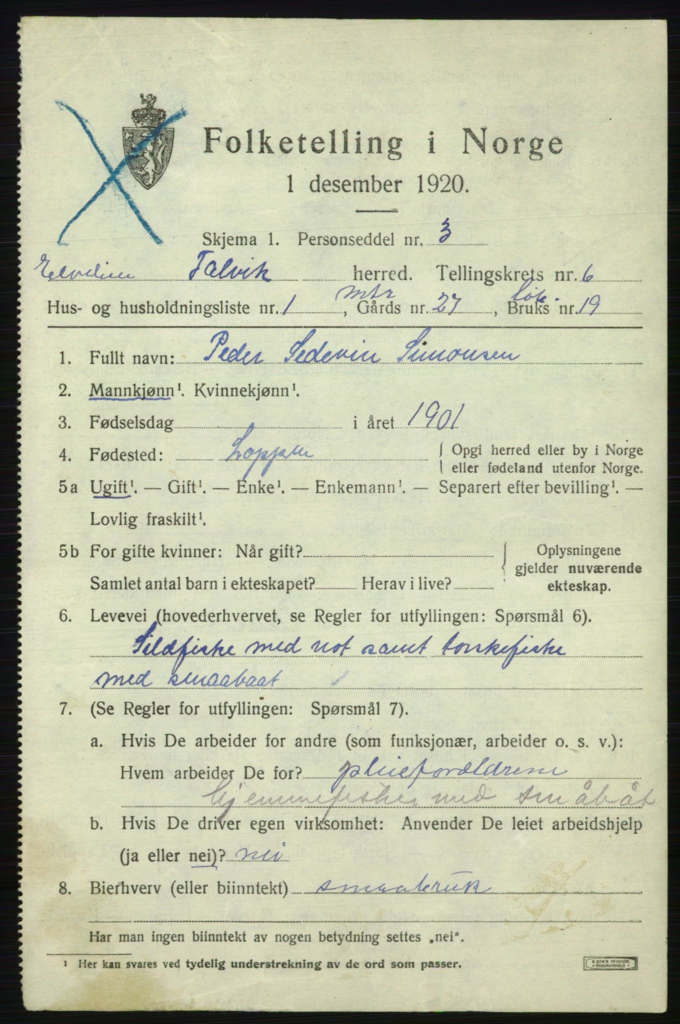 SATØ, 1920 census for Talvik, 1920, p. 3626