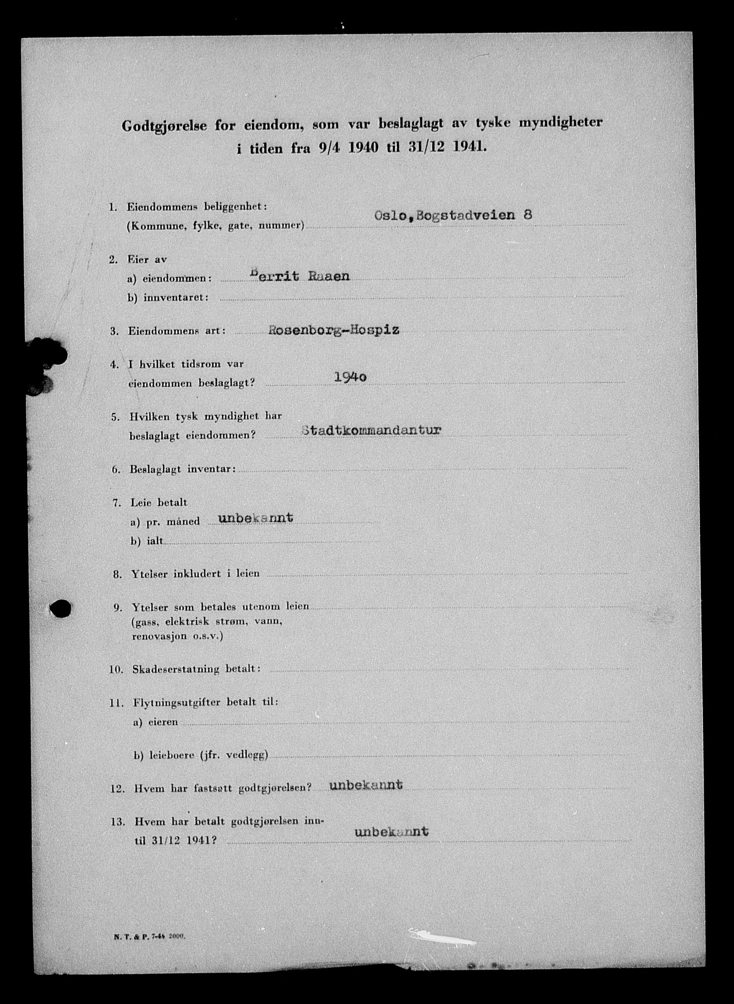 Justisdepartementet, Tilbakeføringskontoret for inndratte formuer, RA/S-1564/I/L1011: Godtgjørelse for beslaglagt eiendom, 1940-1941, p. 524