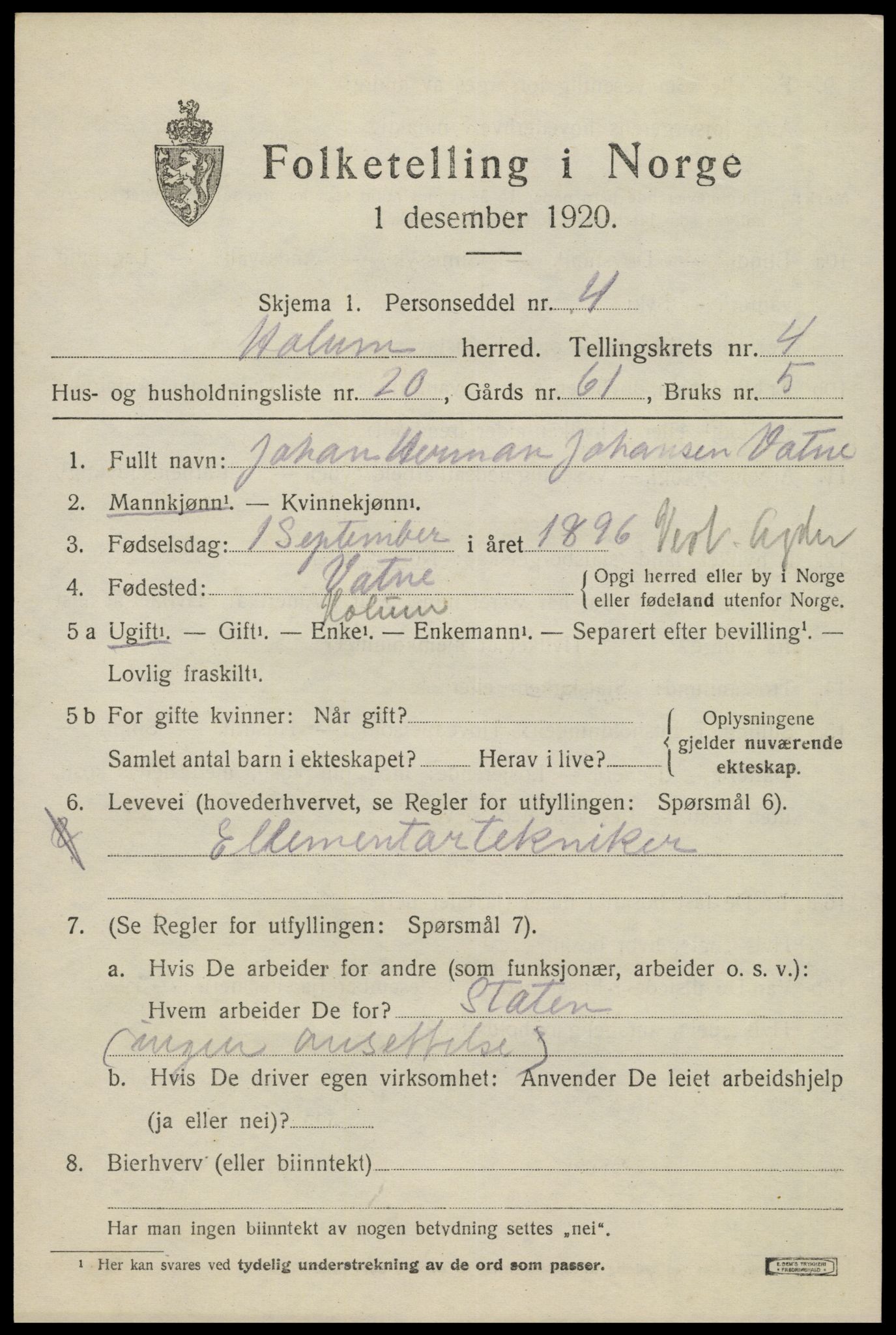 SAK, 1920 census for Holum, 1920, p. 2127