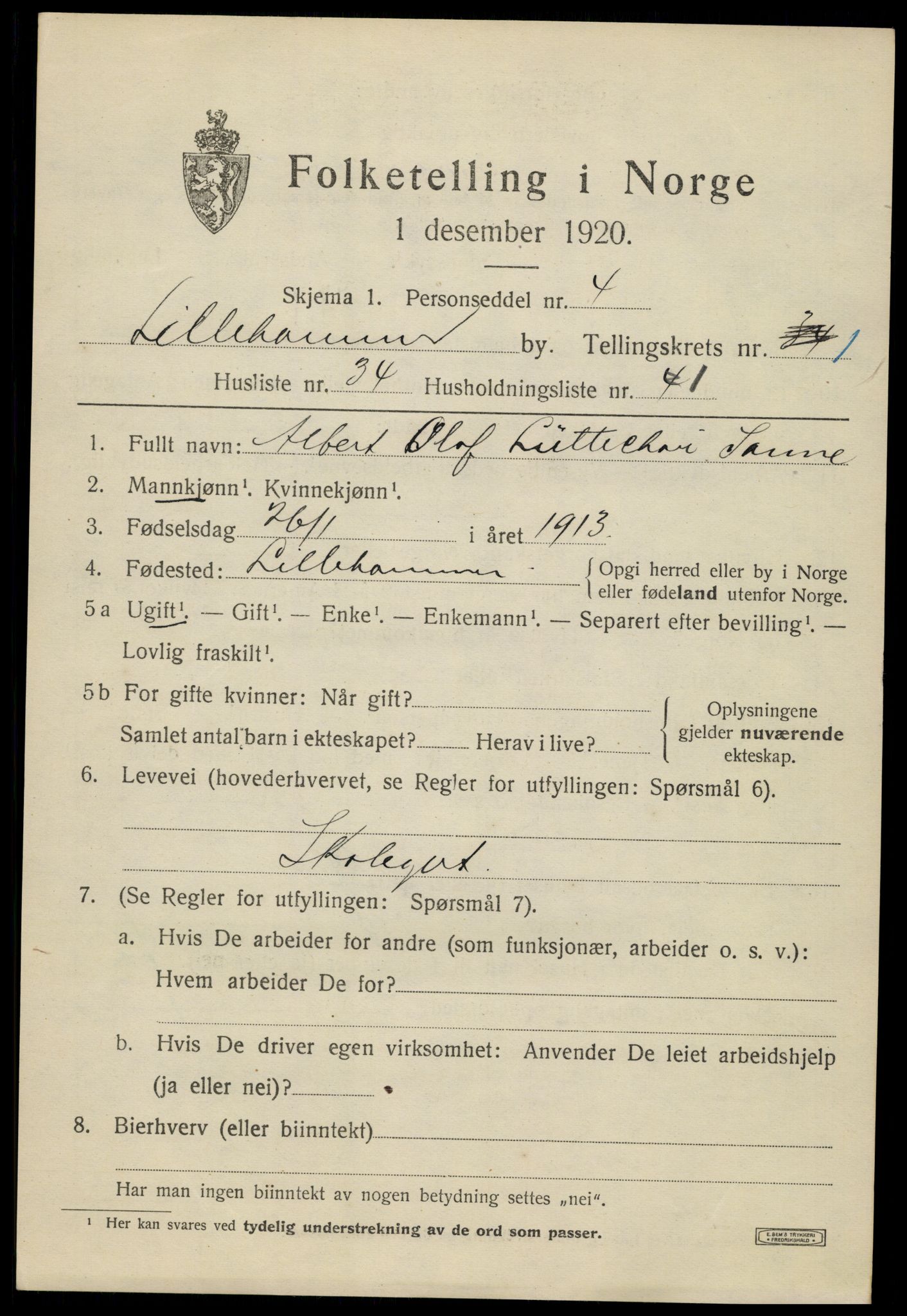 SAH, 1920 census for Lillehammer, 1920, p. 4208