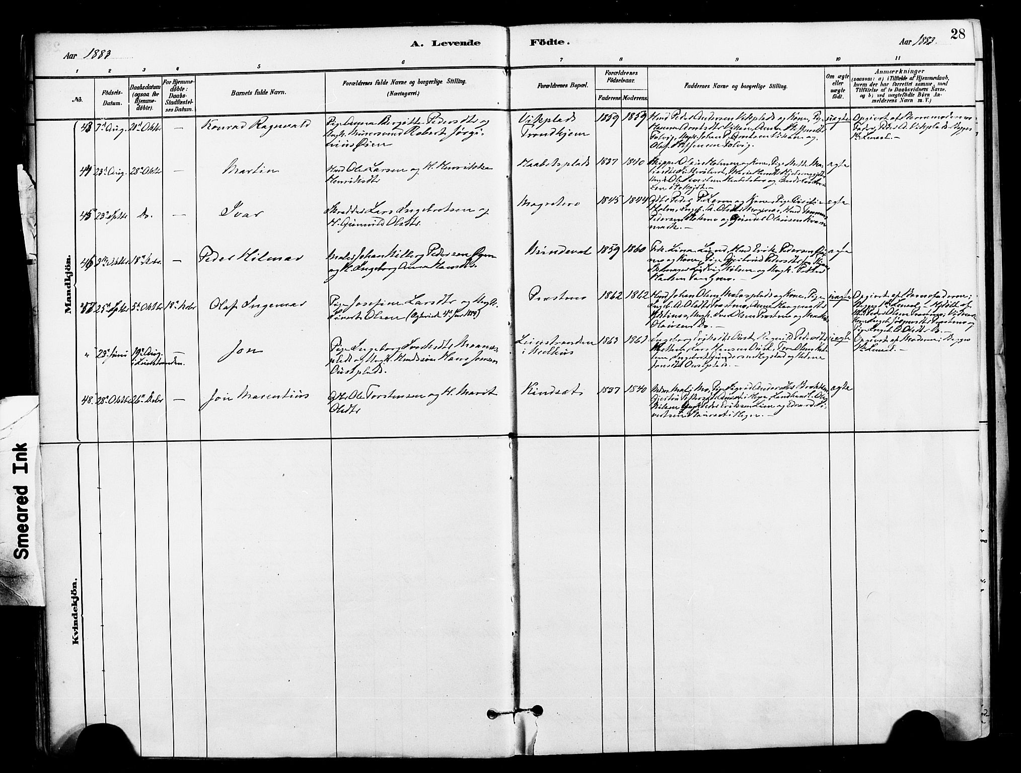 Ministerialprotokoller, klokkerbøker og fødselsregistre - Nord-Trøndelag, SAT/A-1458/709/L0077: Parish register (official) no. 709A17, 1880-1895, p. 28