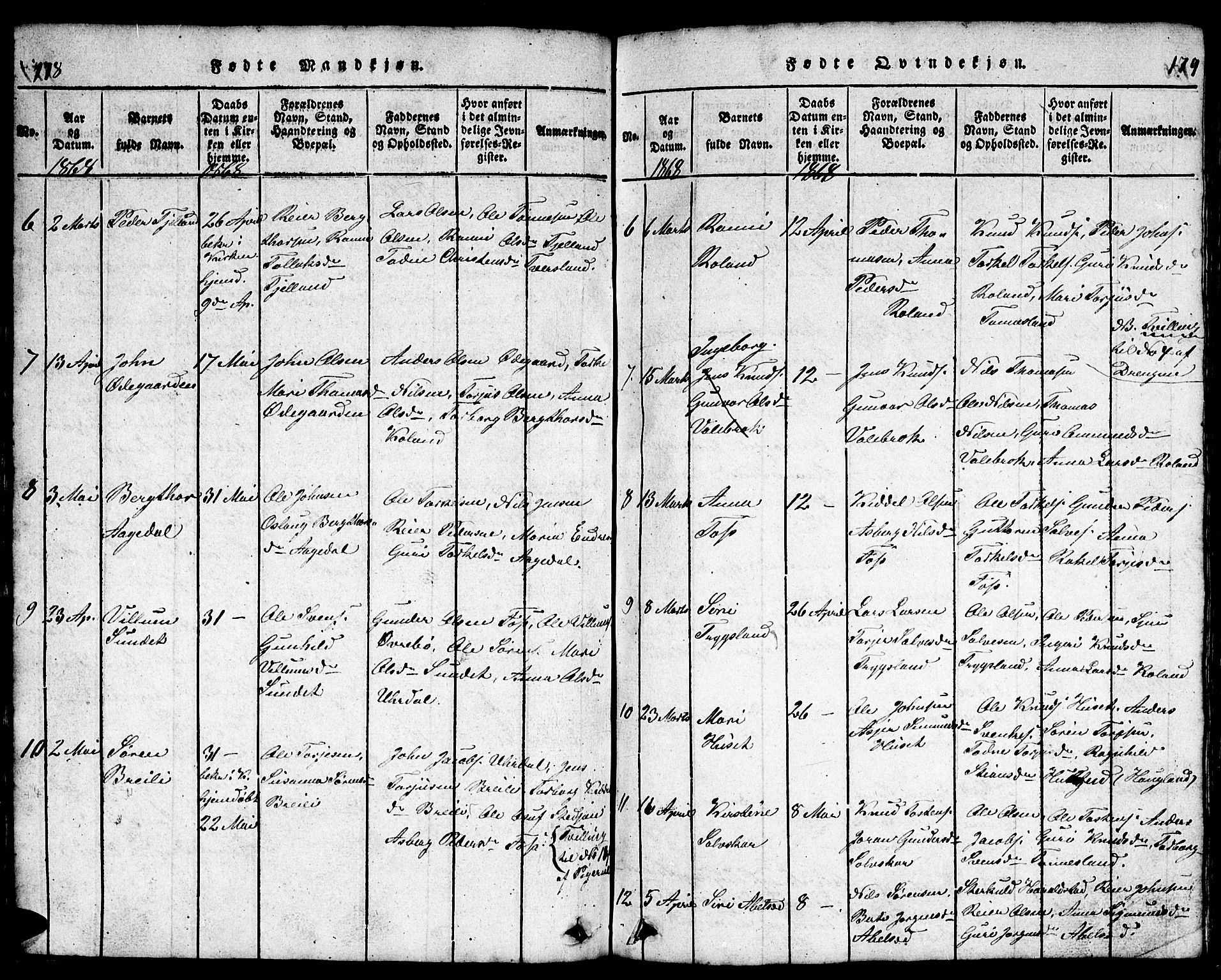 Bjelland sokneprestkontor, AV/SAK-1111-0005/F/Fb/Fba/L0003: Parish register (copy) no. B 3, 1816-1870, p. 178-179