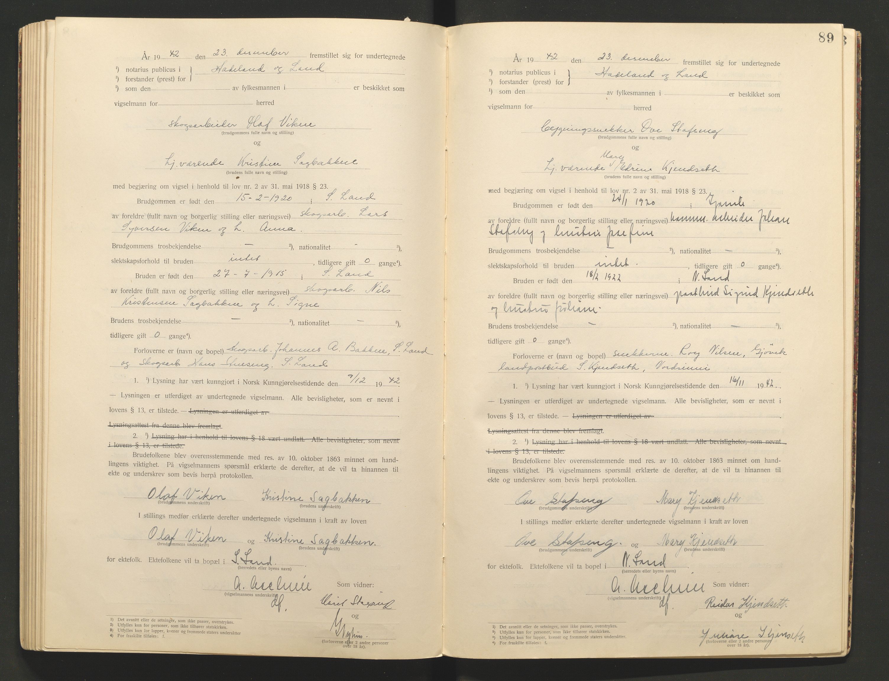 Hadeland og Land tingrett, AV/SAH-TING-010/L/Lb/L0001: Vigselbok, 1920-1943, p. 89