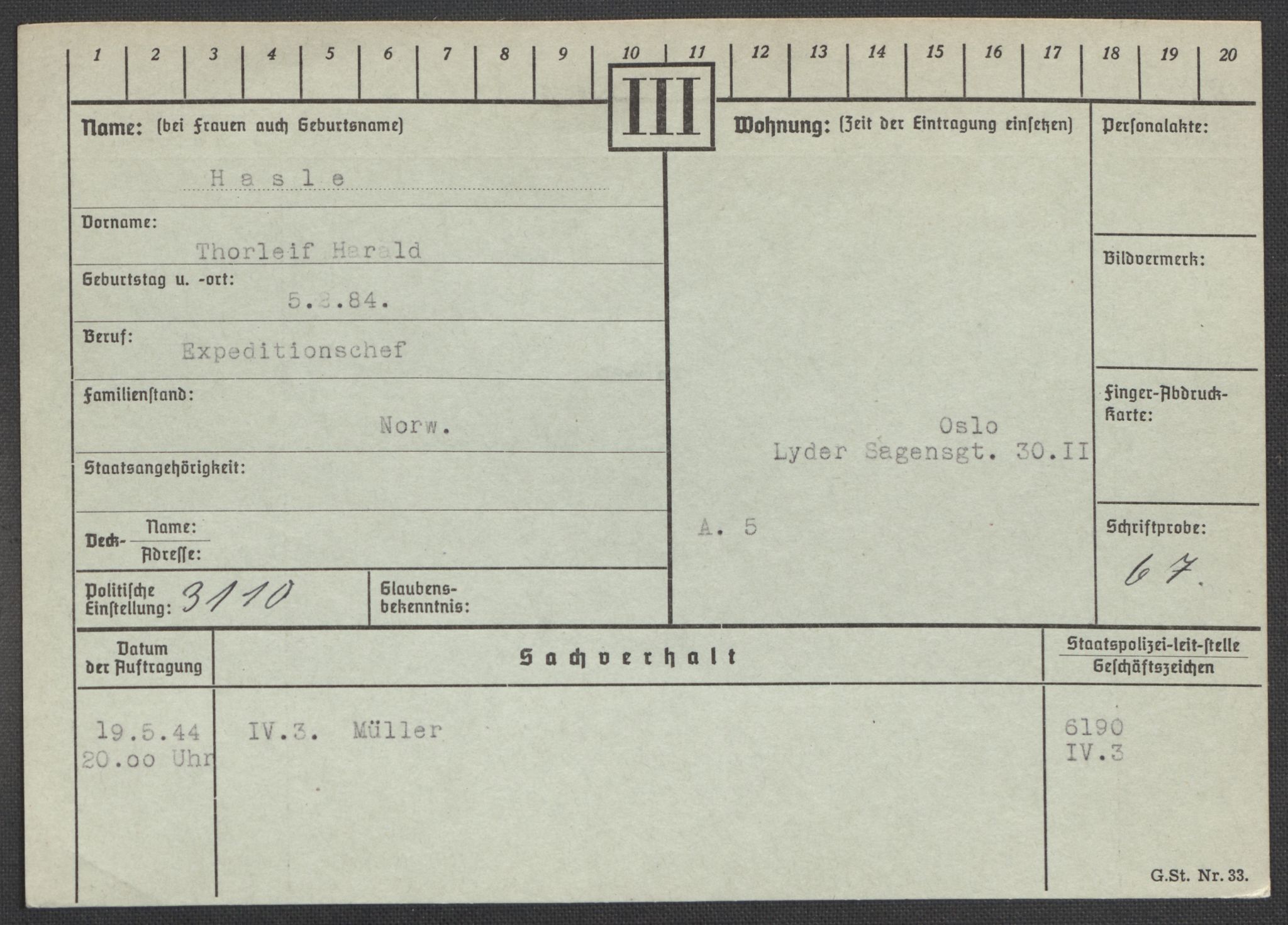 Befehlshaber der Sicherheitspolizei und des SD, RA/RAFA-5969/E/Ea/Eaa/L0004: Register over norske fanger i Møllergata 19: Hal-Hæ, 1940-1945, p. 653