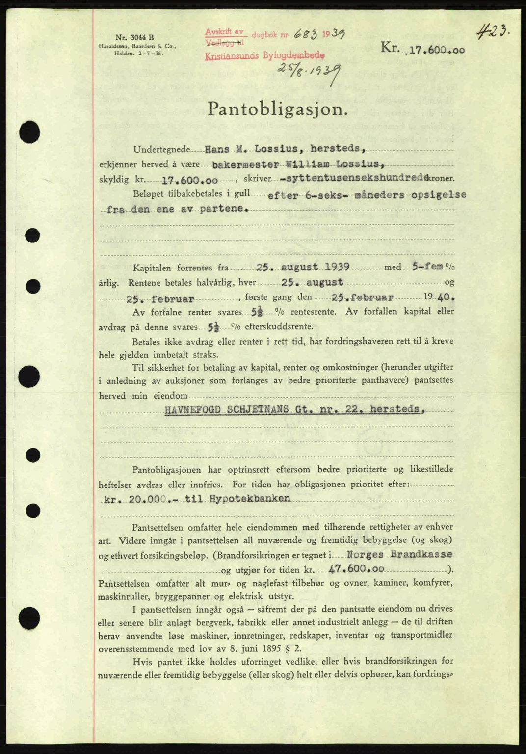 Kristiansund byfogd, SAT/A-4587/A/27: Mortgage book no. 31, 1938-1939, Diary no: : 683/1939