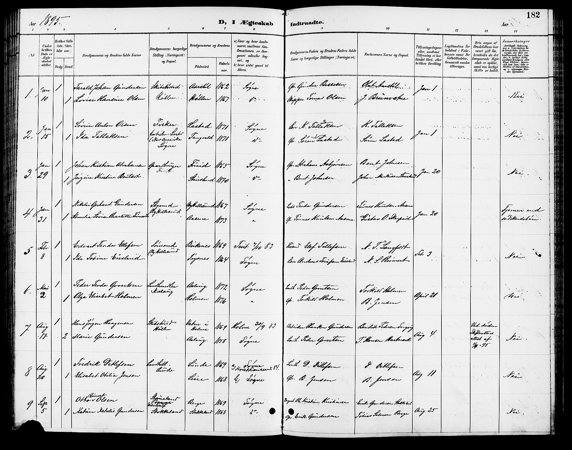 Søgne sokneprestkontor, AV/SAK-1111-0037/F/Fb/Fbb/L0006: Parish register (copy) no. B 6, 1892-1911, p. 182