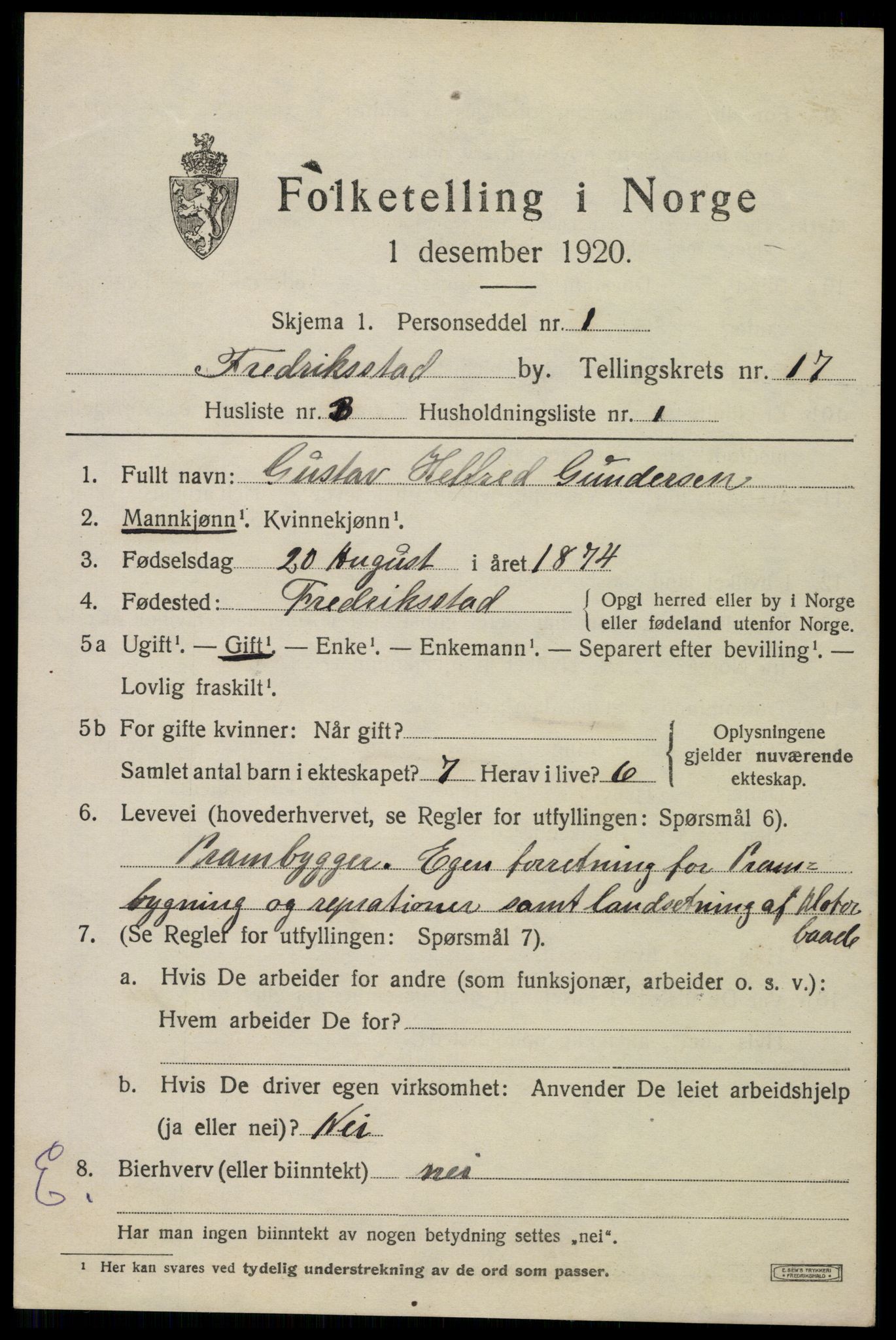 SAO, 1920 census for Fredrikstad, 1920, p. 38943