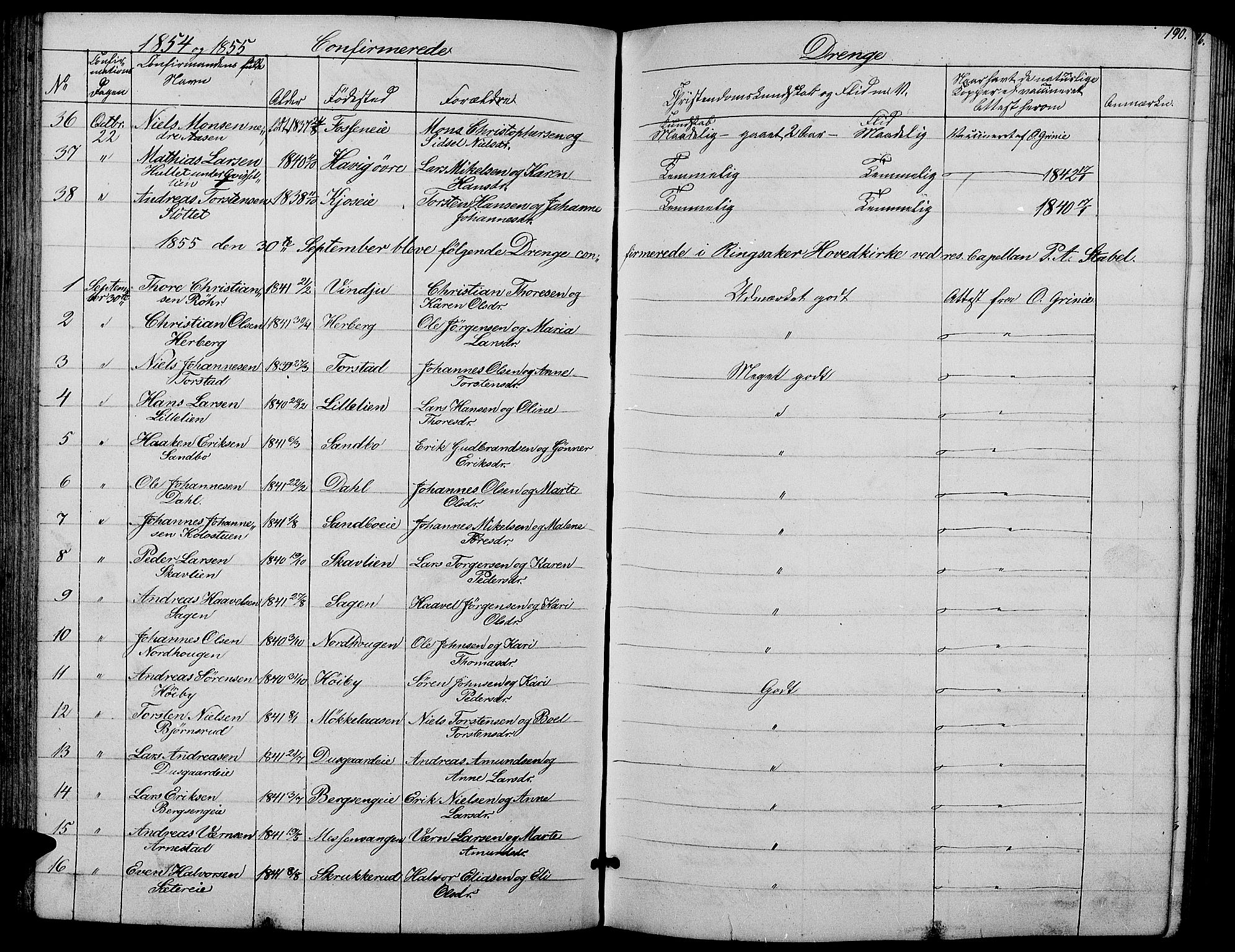 Ringsaker prestekontor, SAH/PREST-014/L/La/L0006: Parish register (copy) no. 6, 1851-1860, p. 190