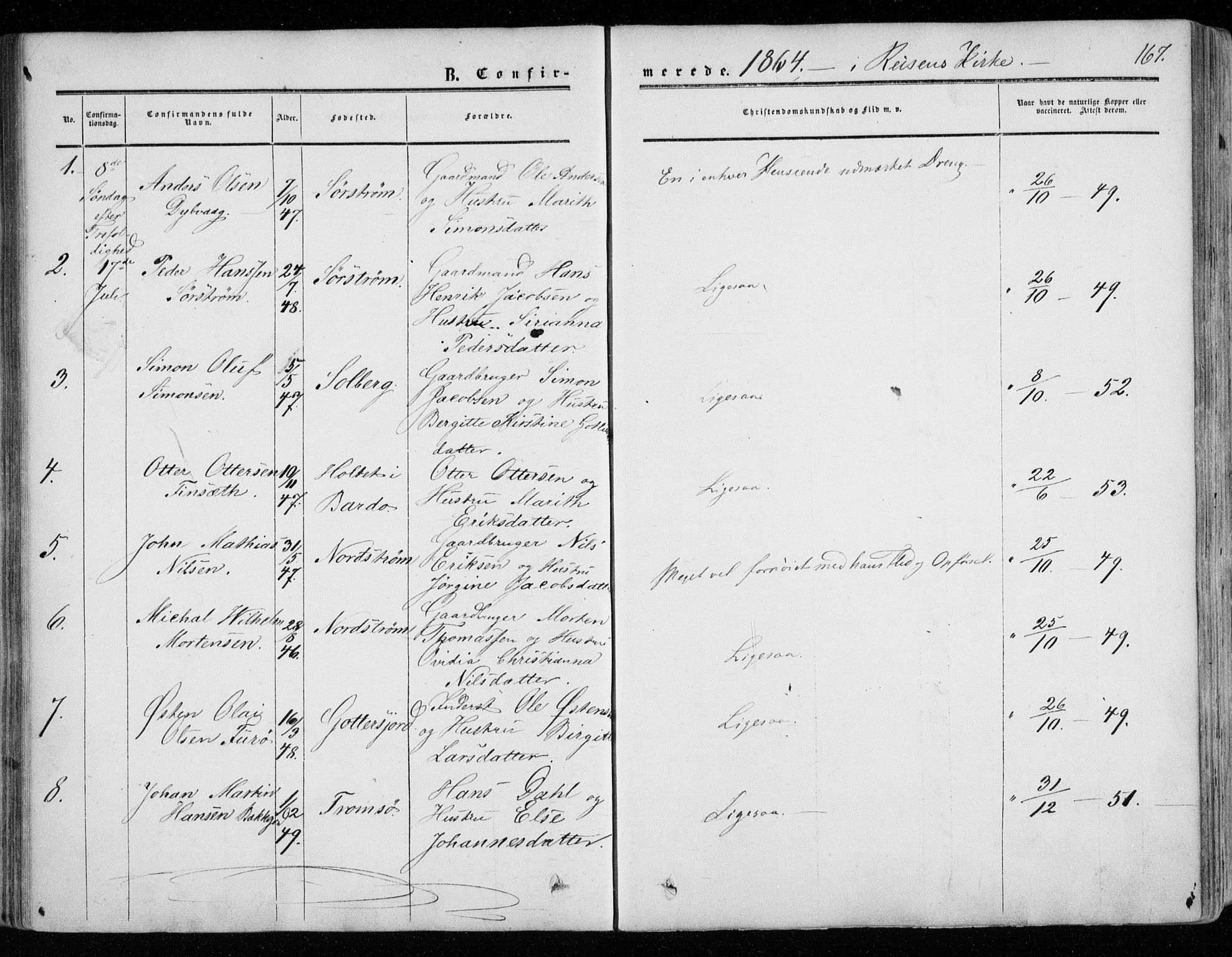 Tranøy sokneprestkontor, SATØ/S-1313/I/Ia/Iaa/L0007kirke: Parish register (official) no. 7, 1856-1866, p. 167