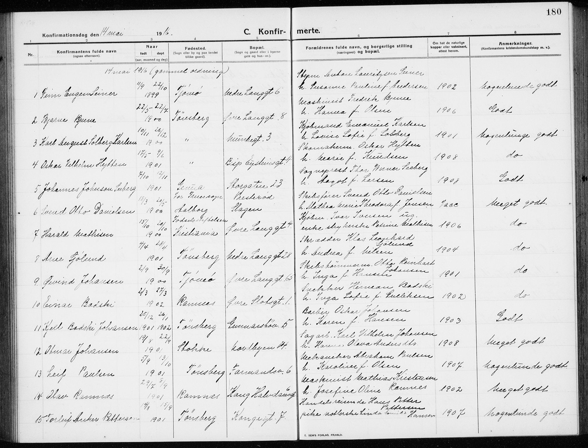 Tønsberg kirkebøker, SAKO/A-330/G/Ga/L0009: Parish register (copy) no. 9, 1913-1920, p. 180