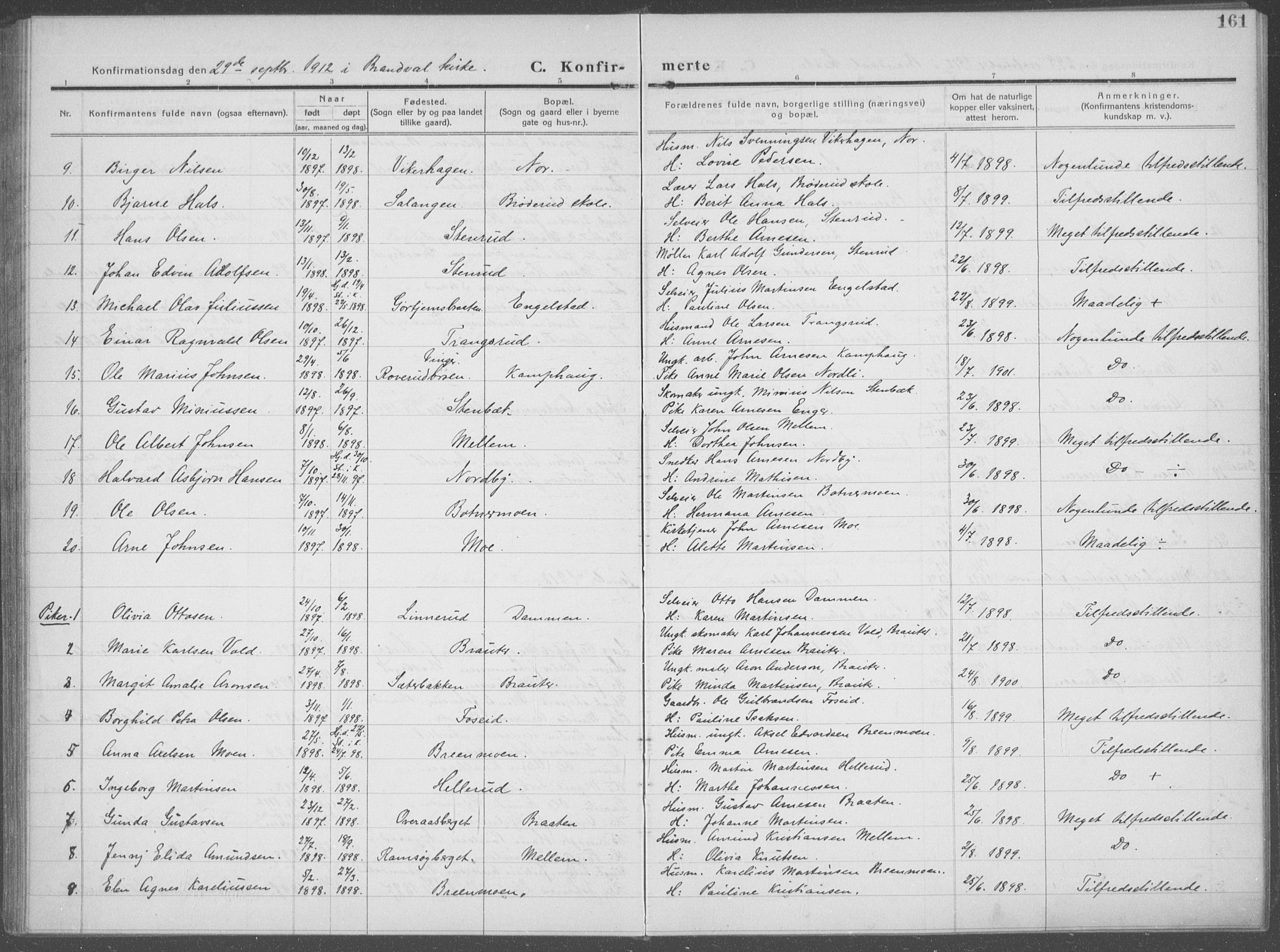 Brandval prestekontor, SAH/PREST-034/H/Ha/Haa/L0004: Parish register (official) no. 4, 1910-1924, p. 161