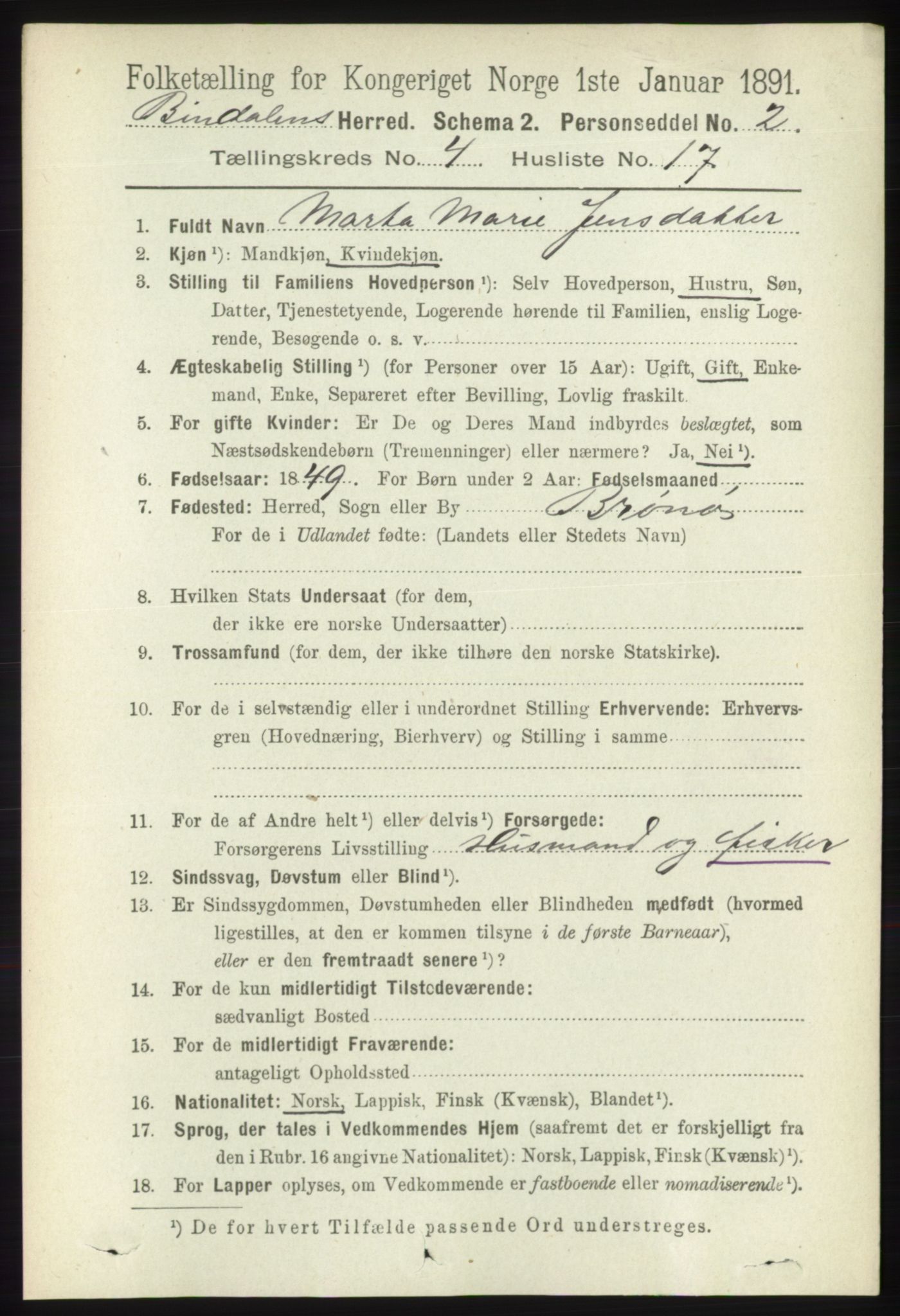 RA, 1891 census for 1811 Bindal, 1891, p. 1140