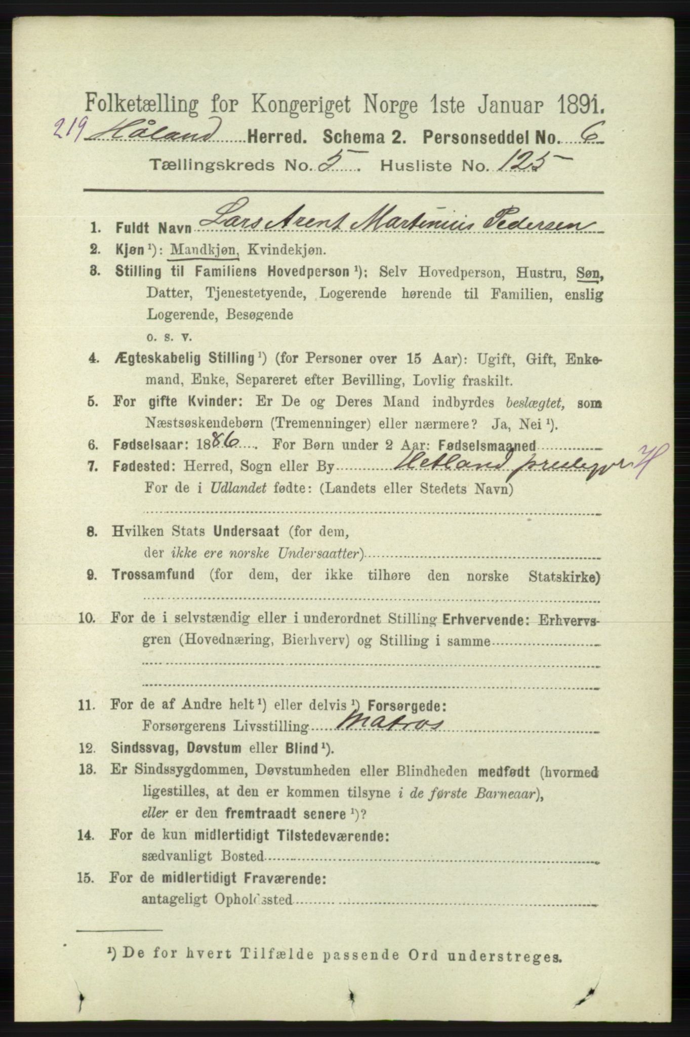 RA, 1891 census for 1124 Haaland, 1891, p. 4052