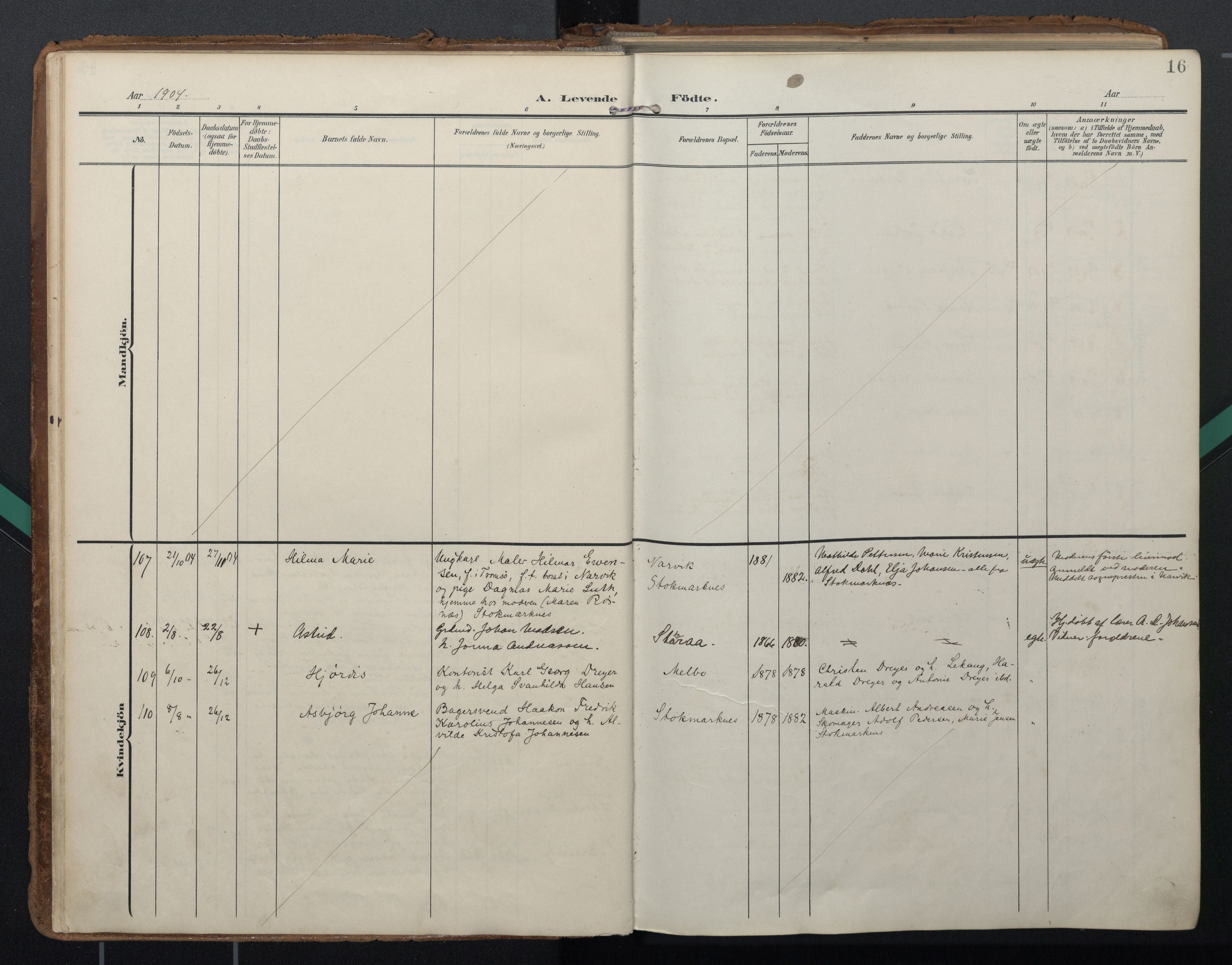 Ministerialprotokoller, klokkerbøker og fødselsregistre - Nordland, SAT/A-1459/888/L1248: Parish register (official) no. 888A14, 1904-1913, p. 16