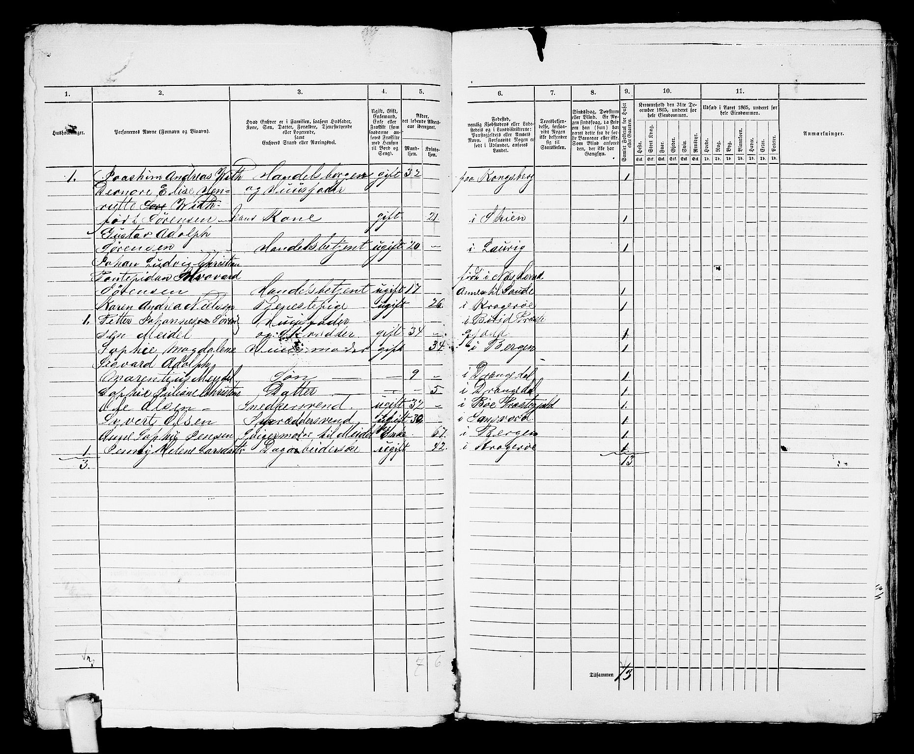 RA, 1865 census for Kragerø/Kragerø, 1865, p. 889