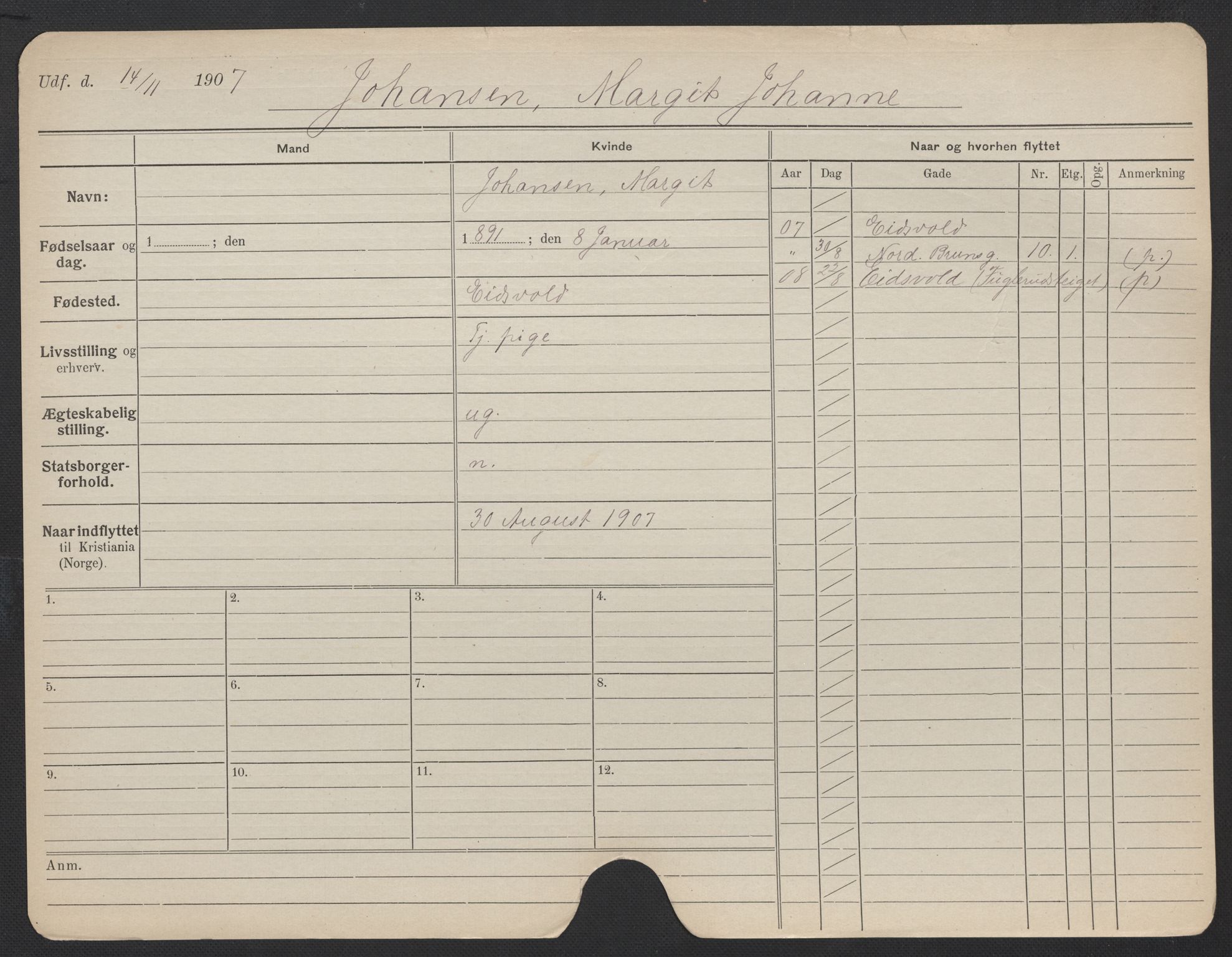 Oslo folkeregister, Registerkort, AV/SAO-A-11715/F/Fa/Fac/L0018: Kvinner, 1906-1914, p. 277a