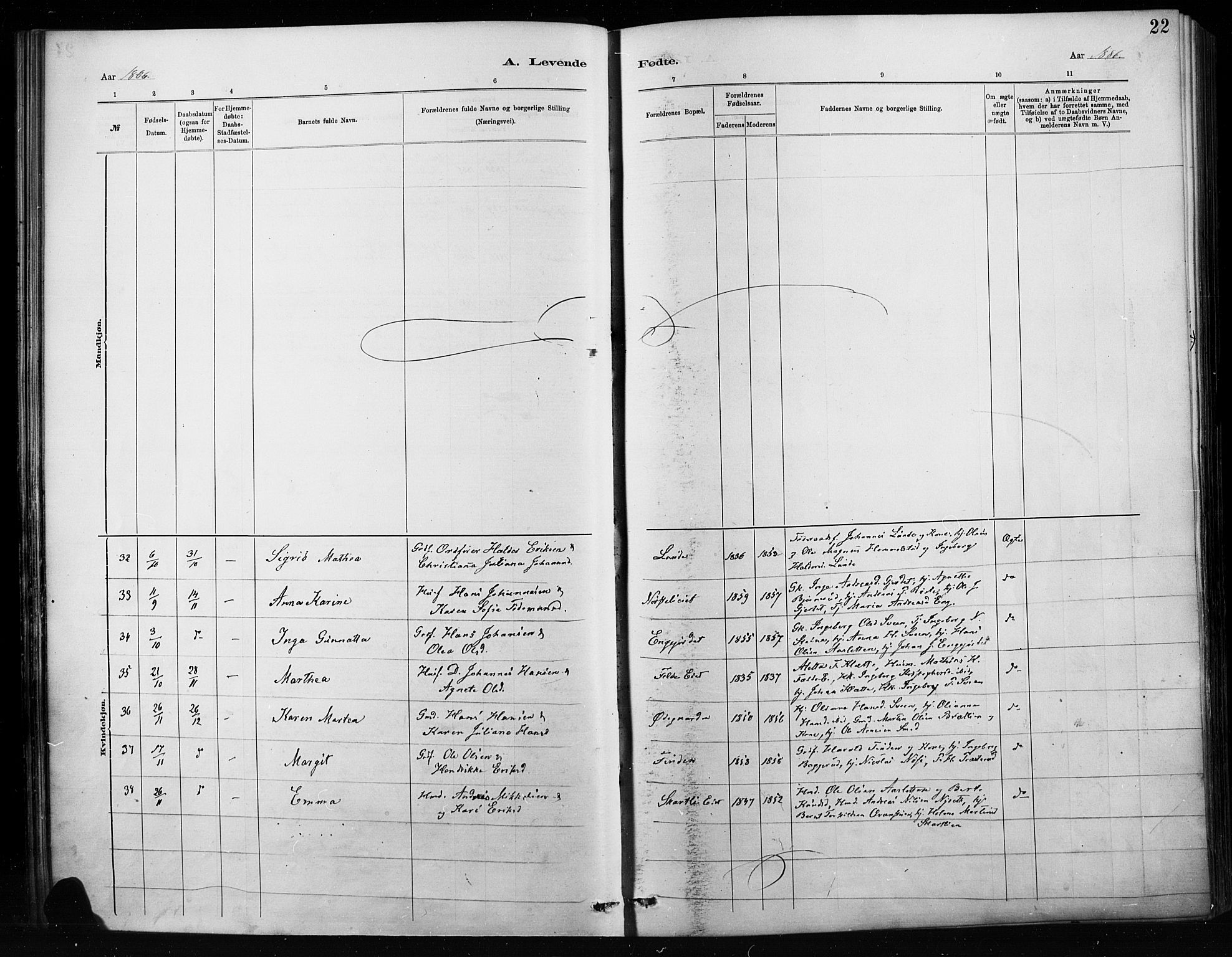 Nordre Land prestekontor, SAH/PREST-124/H/Ha/Haa/L0004: Parish register (official) no. 4, 1882-1896, p. 22