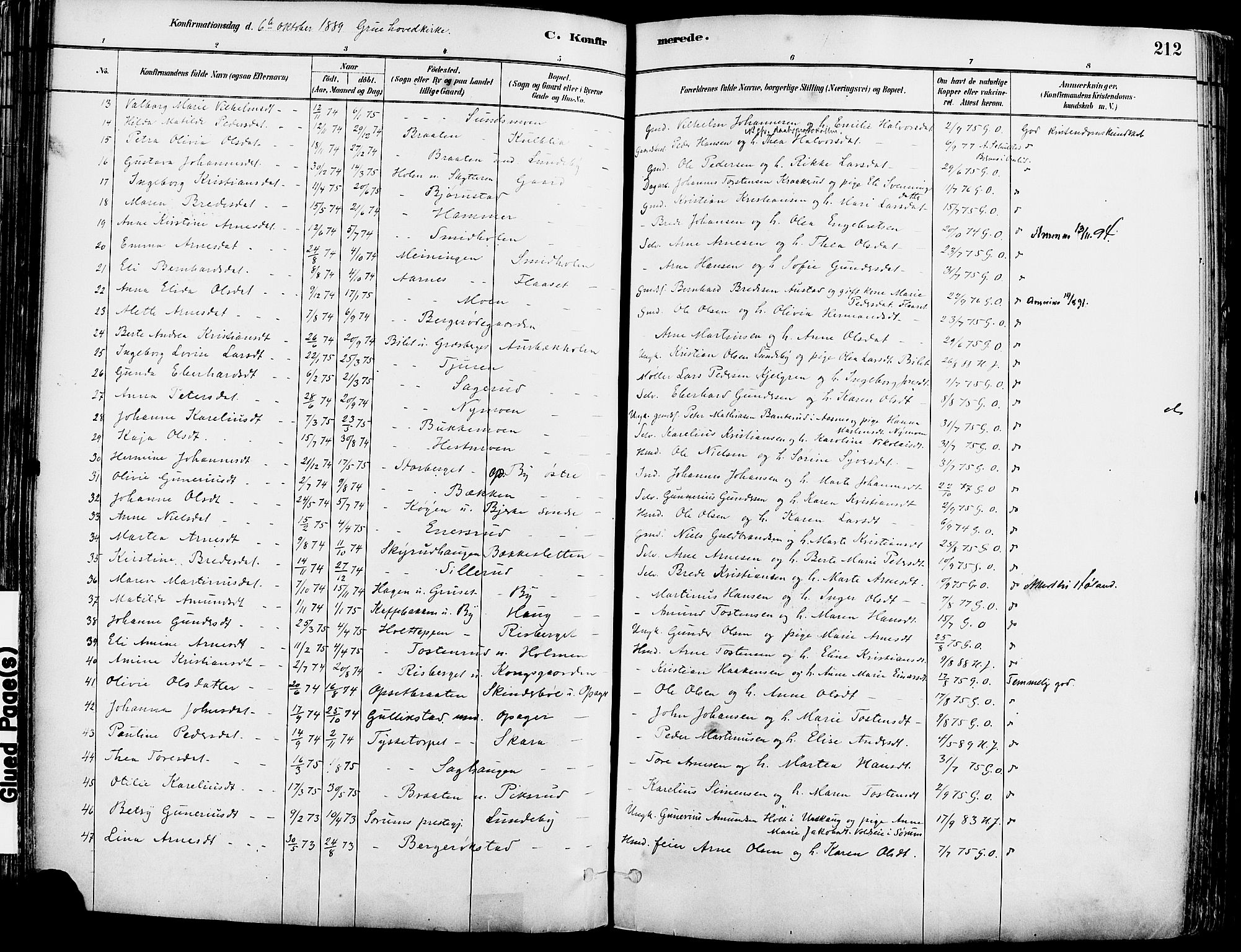 Grue prestekontor, SAH/PREST-036/H/Ha/Haa/L0012: Parish register (official) no. 12, 1881-1897, p. 212
