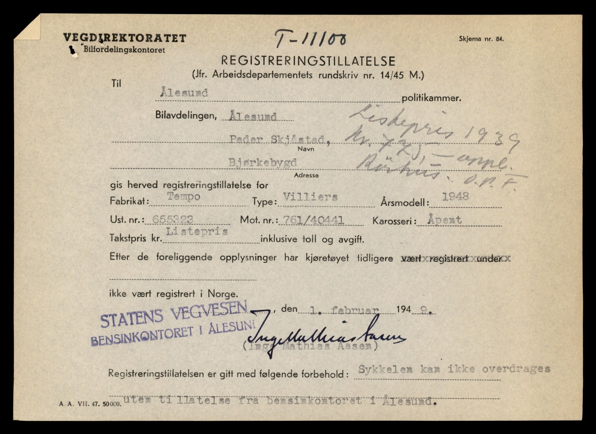 Møre og Romsdal vegkontor - Ålesund trafikkstasjon, AV/SAT-A-4099/F/Fe/L0026: Registreringskort for kjøretøy T 11046 - T 11160, 1927-1998, p. 1573