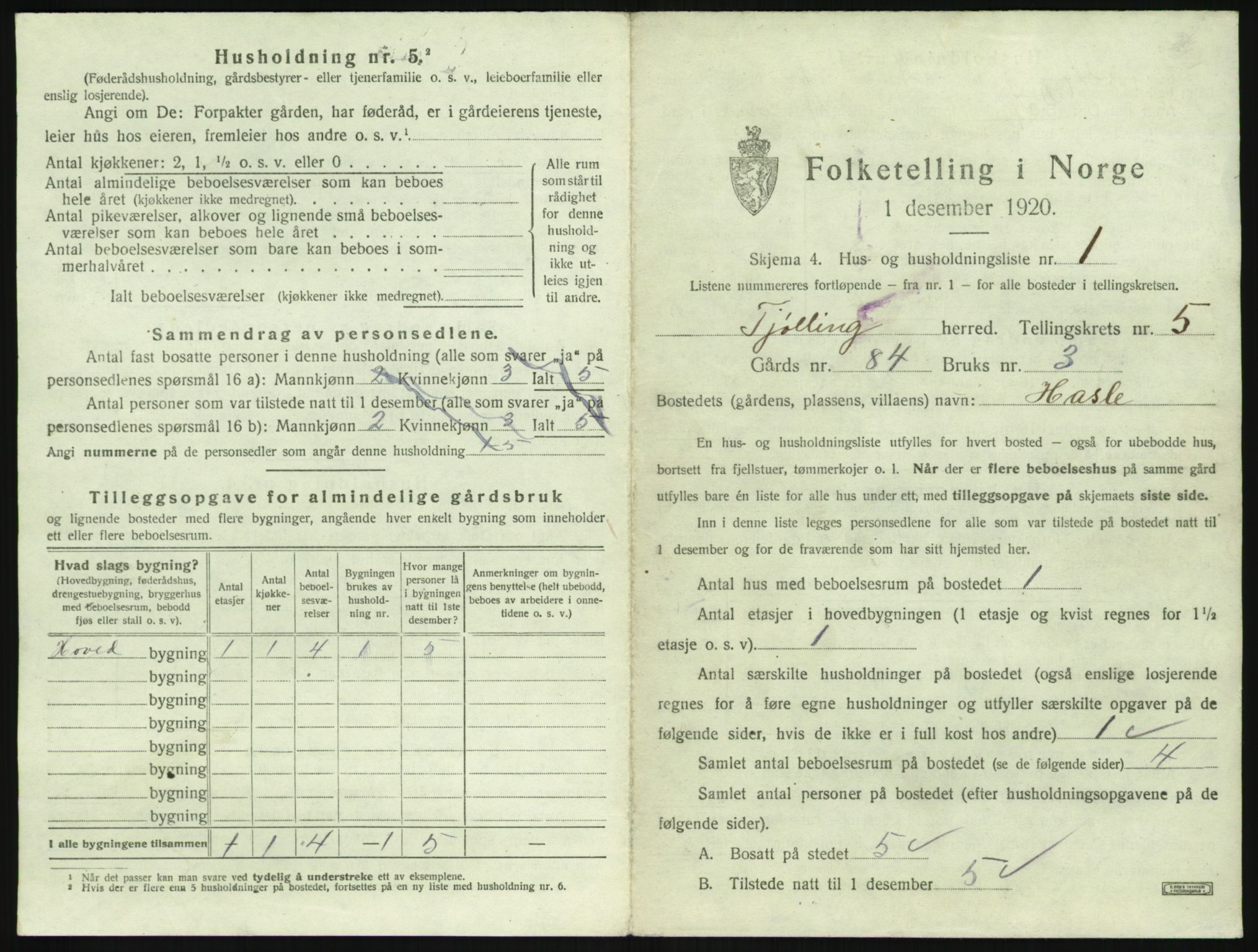 SAKO, 1920 census for Tjølling, 1920, p. 1187