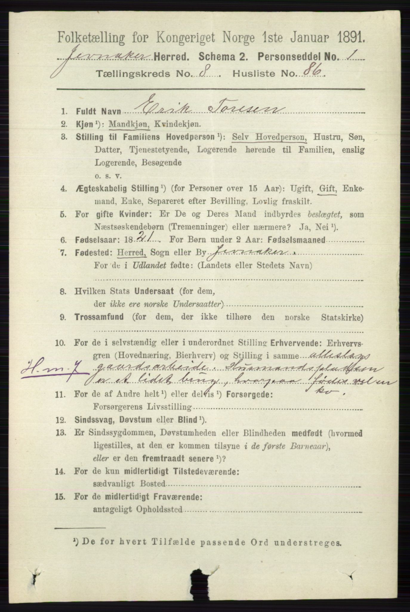 RA, 1891 census for 0532 Jevnaker, 1891, p. 4875