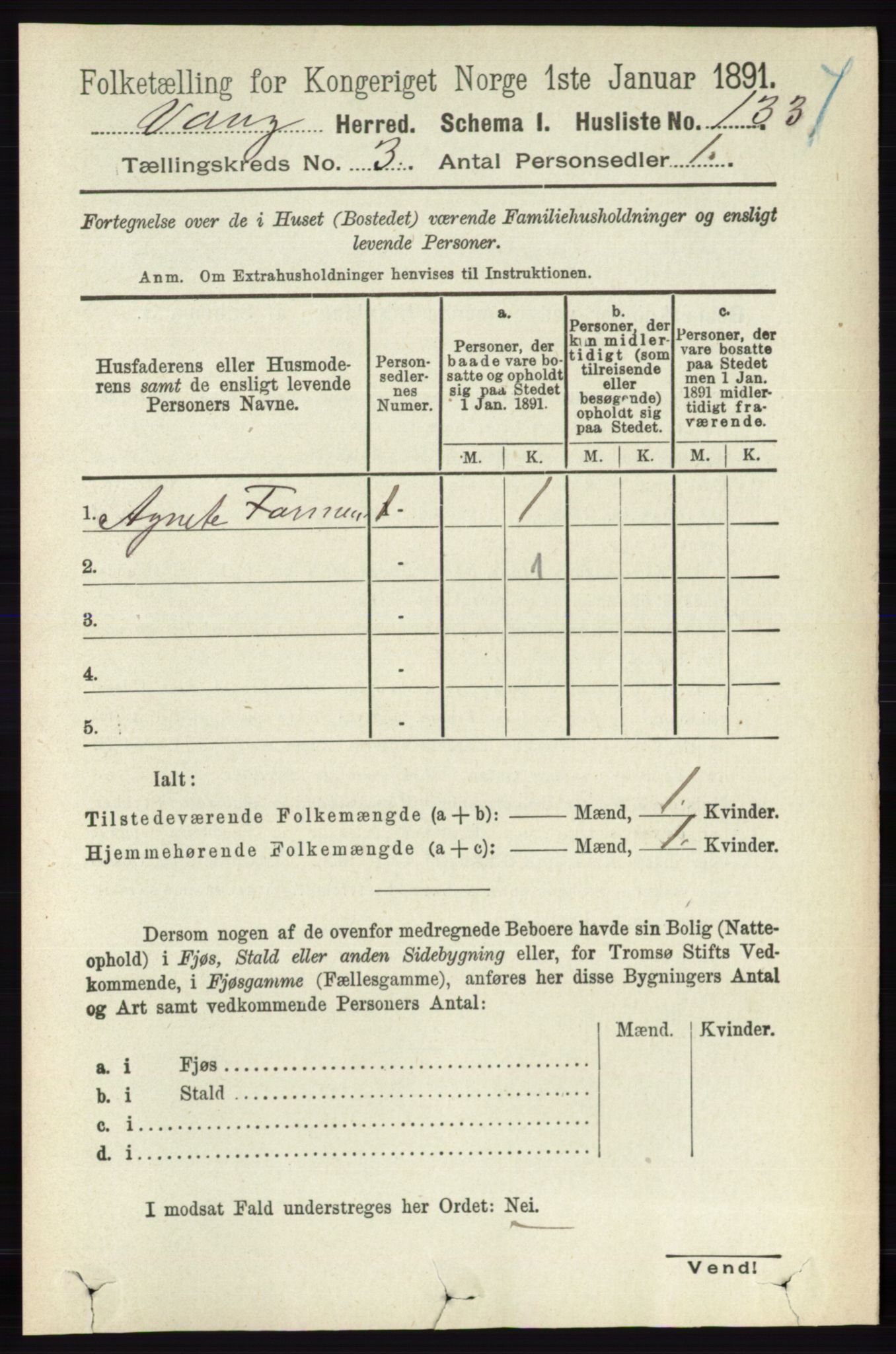 RA, 1891 census for 0414 Vang, 1891, p. 1885