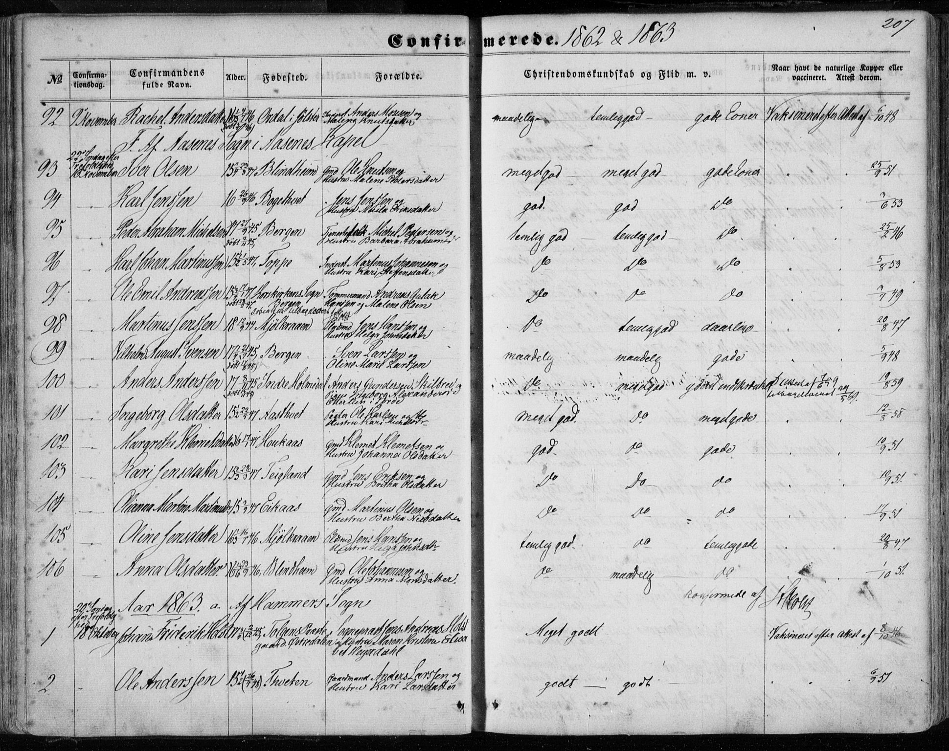 Hamre sokneprestembete, SAB/A-75501/H/Ha/Haa/Haaa/L0014: Parish register (official) no. A 14, 1858-1872, p. 207