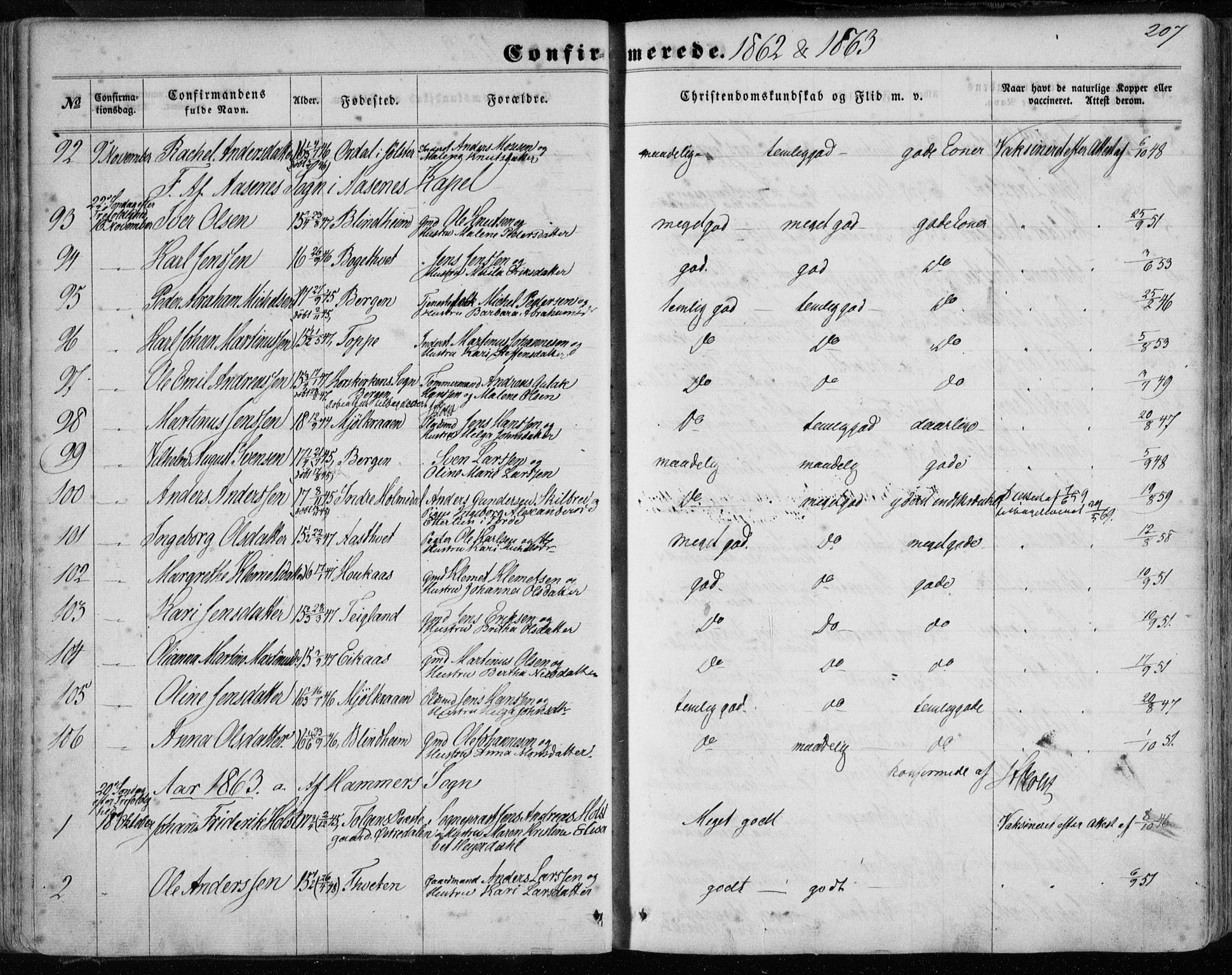 Hamre sokneprestembete, AV/SAB-A-75501/H/Ha/Haa/Haaa/L0014: Parish register (official) no. A 14, 1858-1872, p. 207