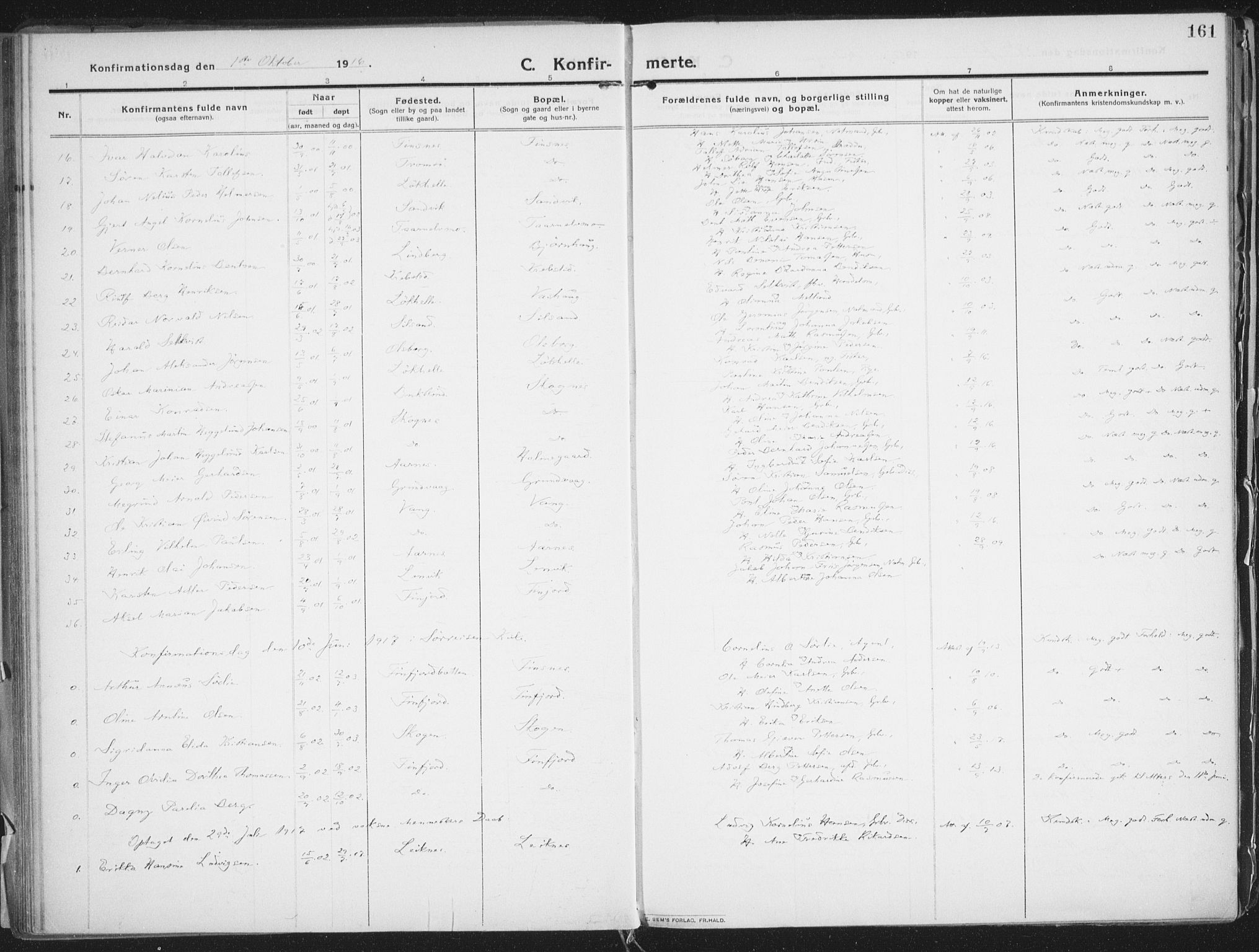 Lenvik sokneprestembete, SATØ/S-1310/H/Ha/Haa/L0016kirke: Parish register (official) no. 16, 1910-1924, p. 161