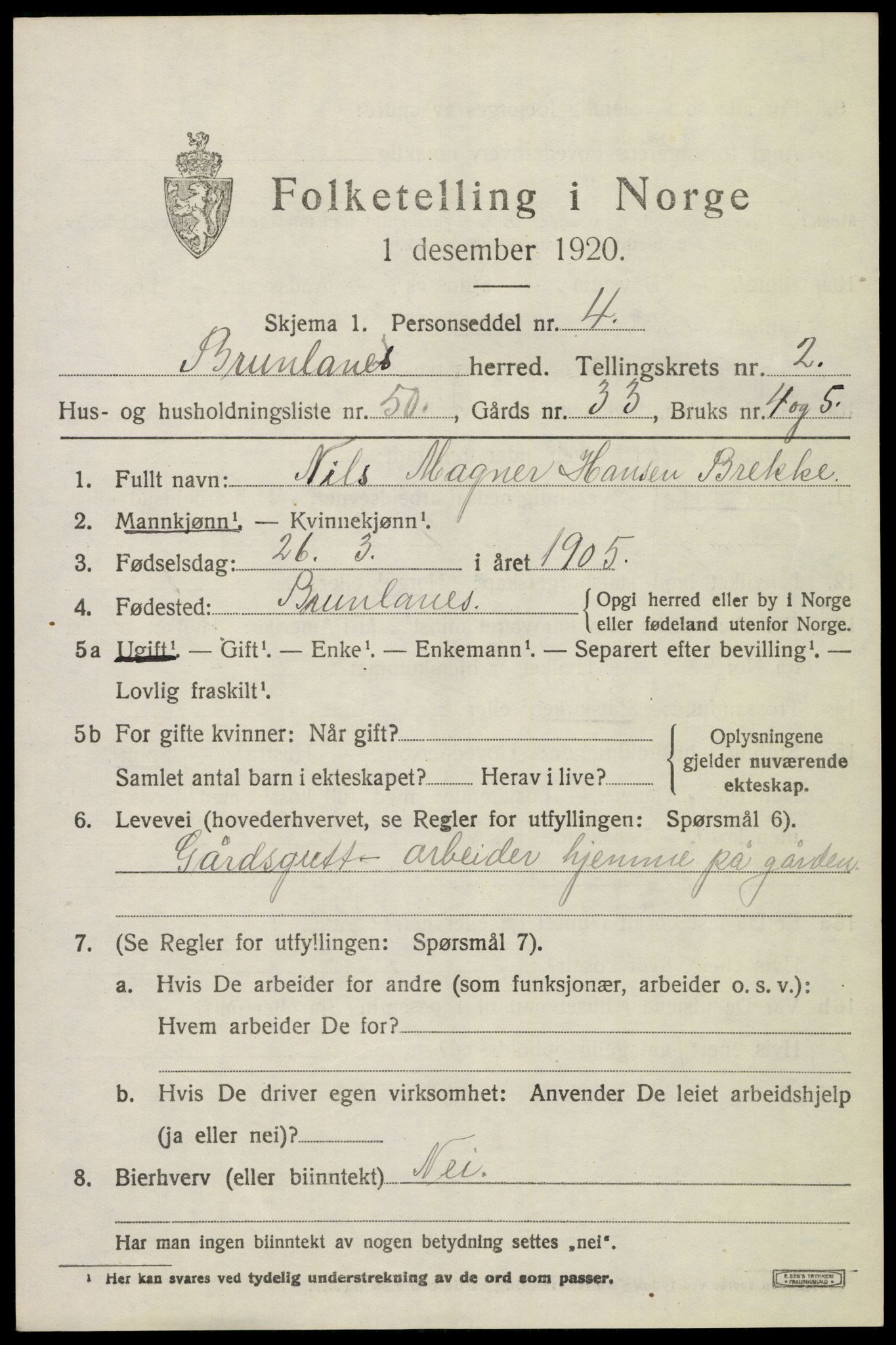 SAKO, 1920 census for Brunlanes, 1920, p. 3841