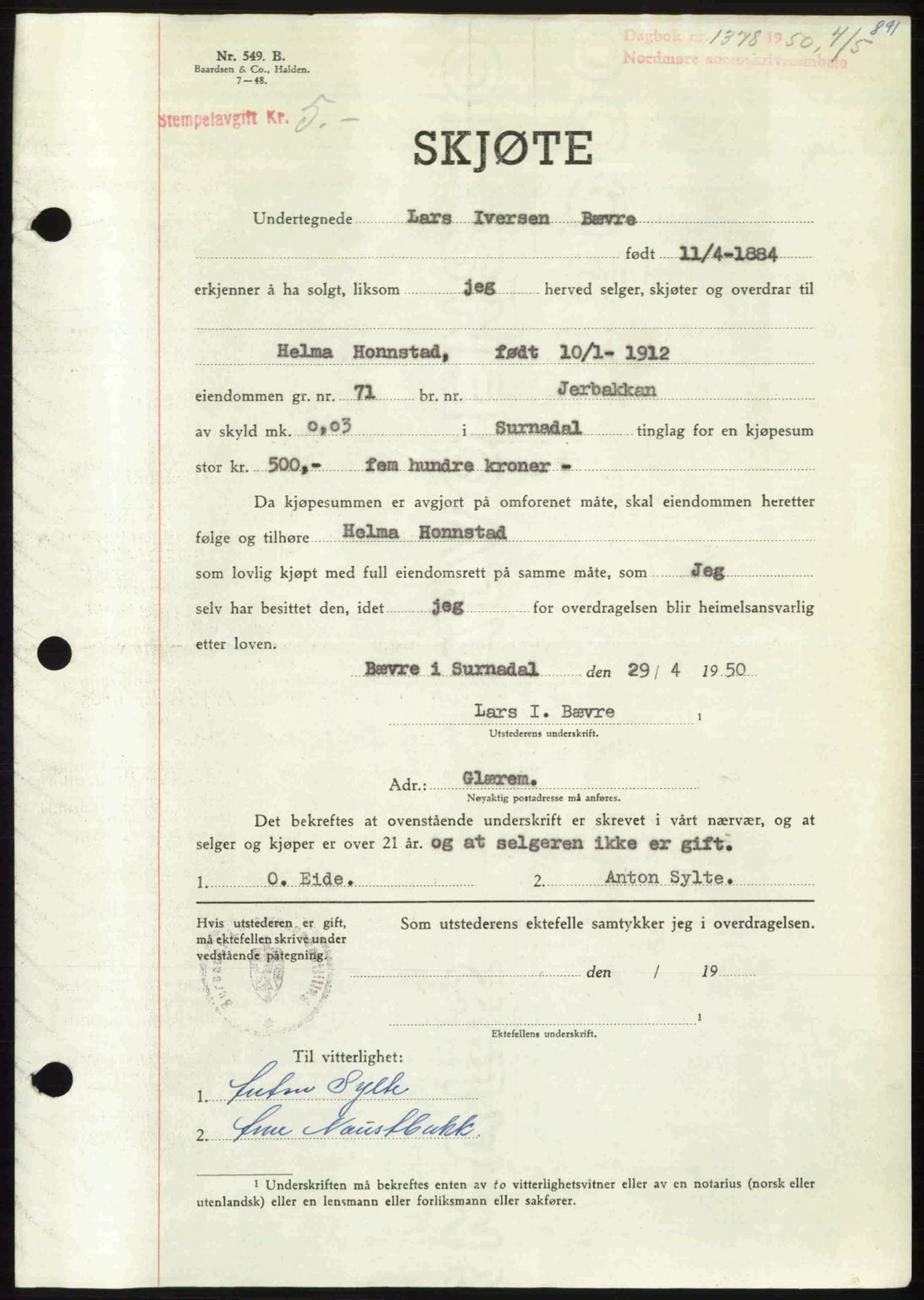 Nordmøre sorenskriveri, AV/SAT-A-4132/1/2/2Ca: Mortgage book no. A114, 1950-1950, Diary no: : 1378/1950