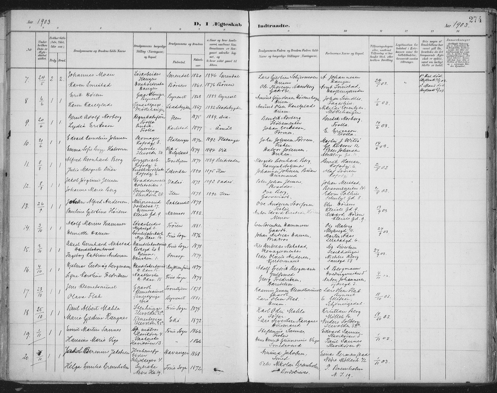 Ministerialprotokoller, klokkerbøker og fødselsregistre - Sør-Trøndelag, AV/SAT-A-1456/603/L0167: Parish register (official) no. 603A06, 1896-1932, p. 274