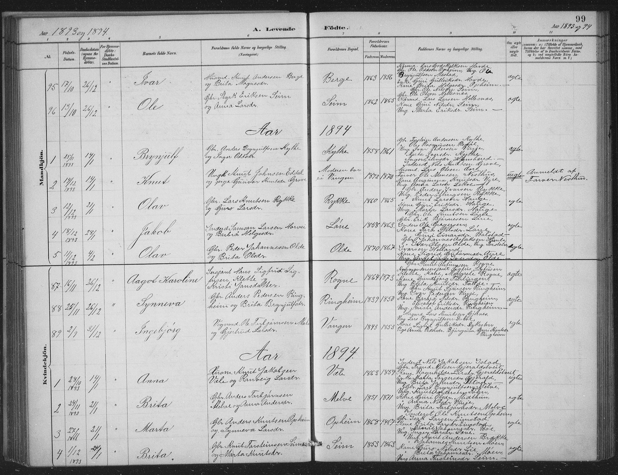 Voss sokneprestembete, SAB/A-79001/H/Hab: Parish register (copy) no. C 1, 1886-1899, p. 99