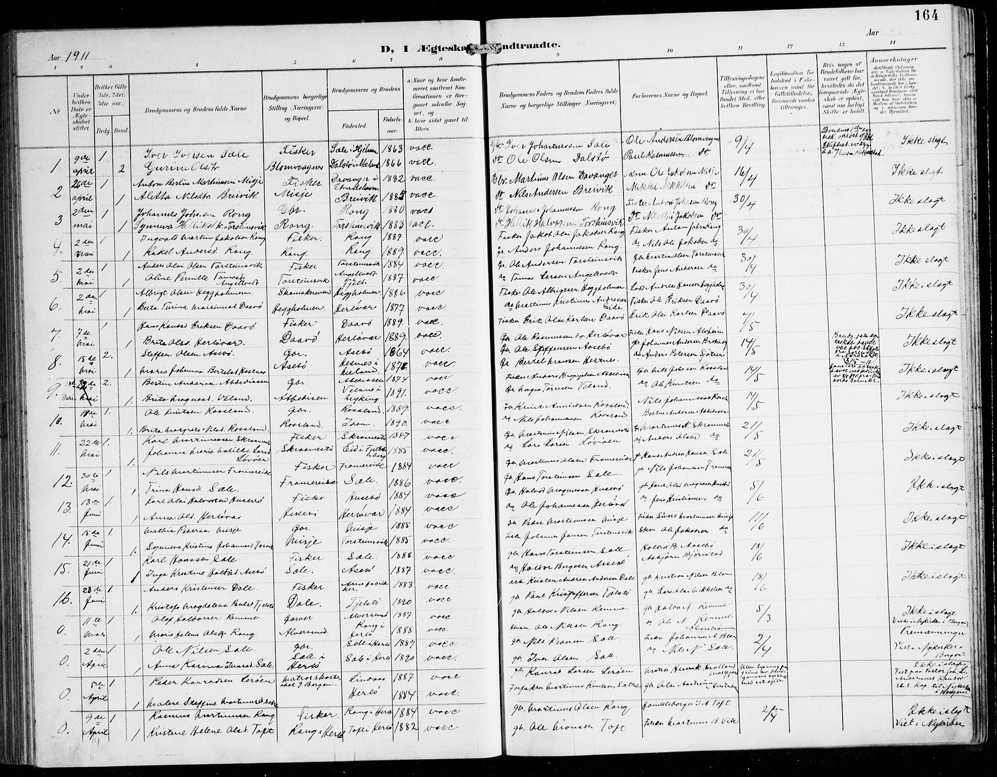 Herdla Sokneprestembete, SAB/A-75701/H/Hab: Parish register (copy) no. C 1, 1900-1913, p. 164
