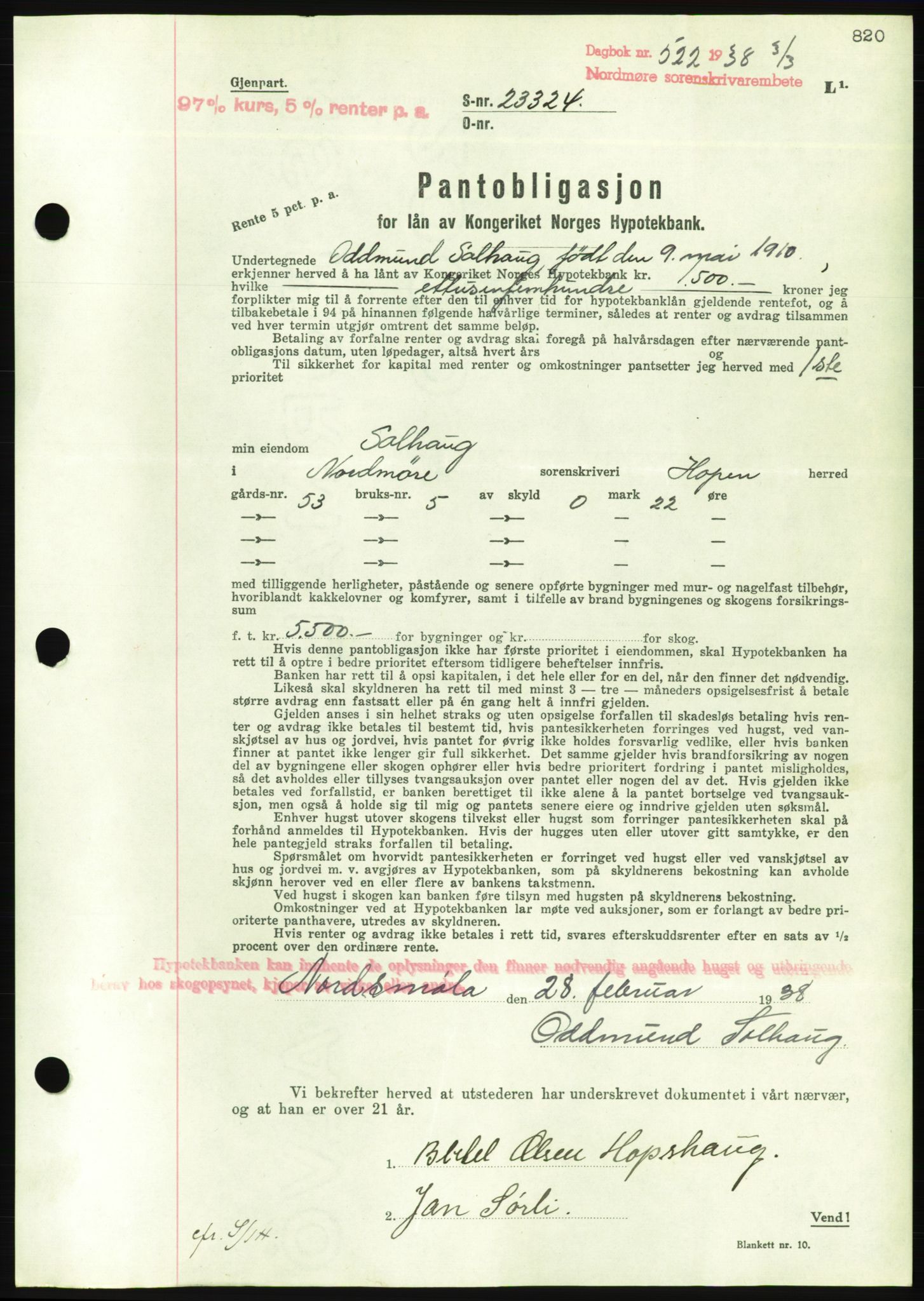 Nordmøre sorenskriveri, AV/SAT-A-4132/1/2/2Ca/L0092: Mortgage book no. B82, 1937-1938, Diary no: : 522/1938