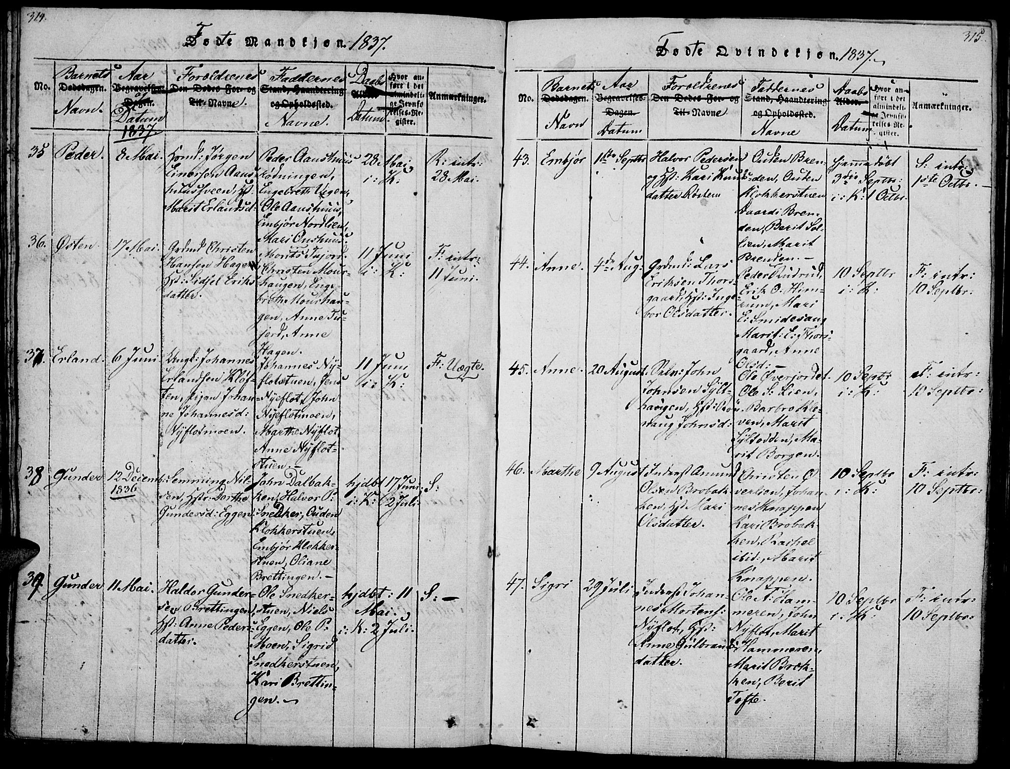 Ringebu prestekontor, AV/SAH-PREST-082/H/Ha/Haa/L0004: Parish register (official) no. 4, 1821-1839, p. 314-315