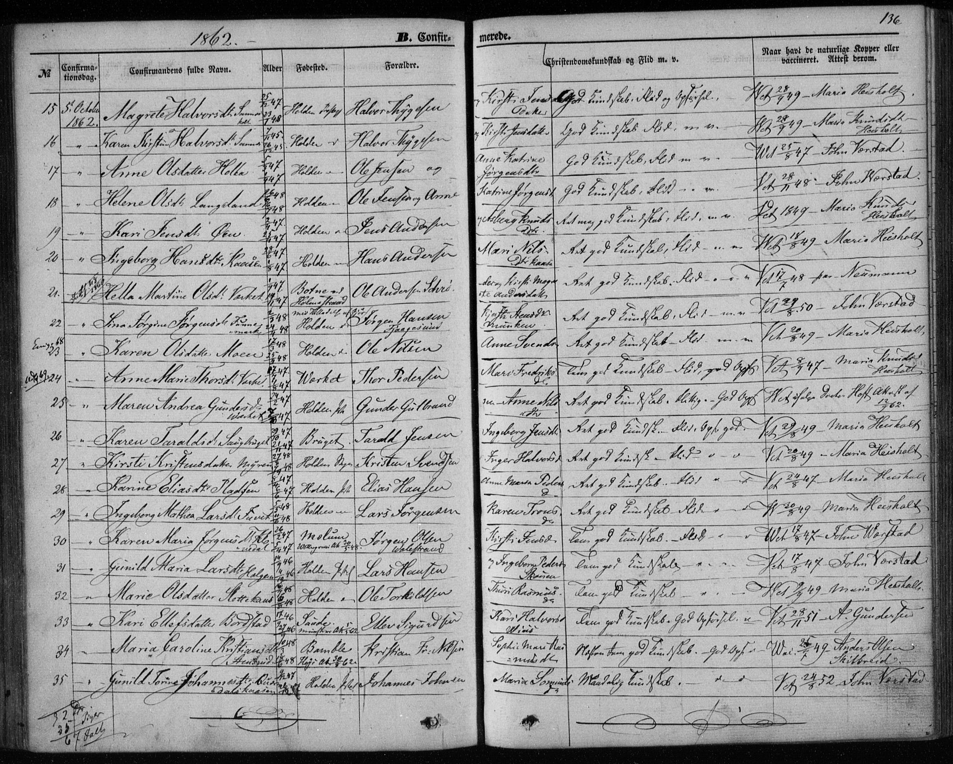 Holla kirkebøker, SAKO/A-272/F/Fa/L0006: Parish register (official) no. 6, 1861-1869, p. 136