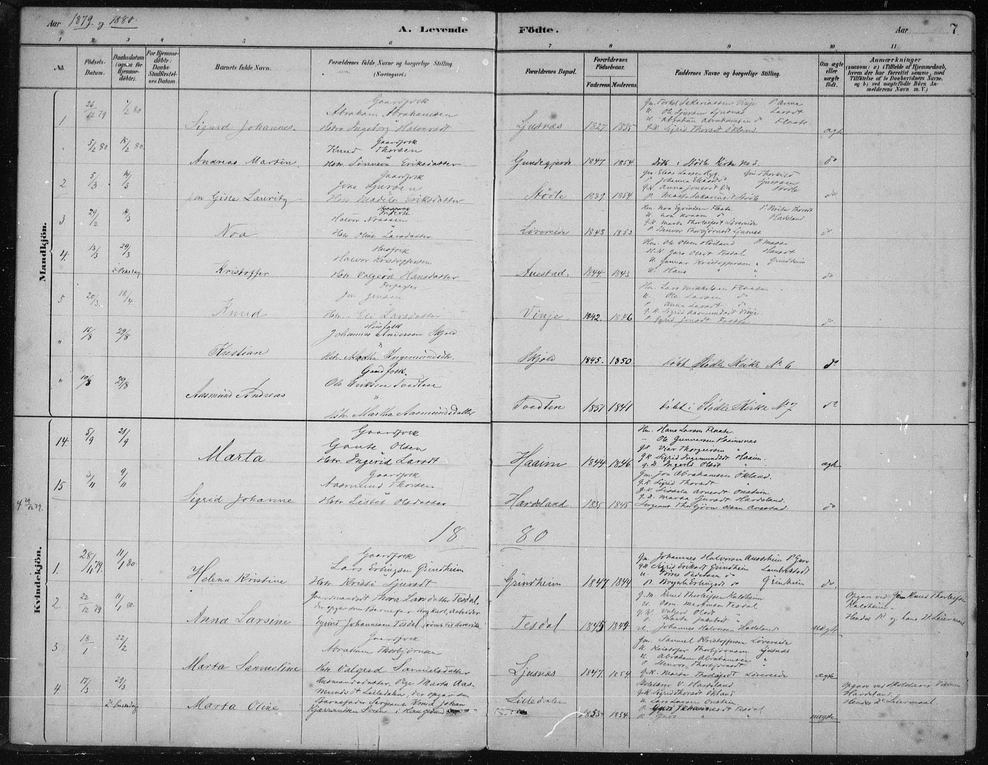 Etne sokneprestembete, SAB/A-75001/H/Haa: Parish register (official) no. D  1, 1879-1919, p. 7