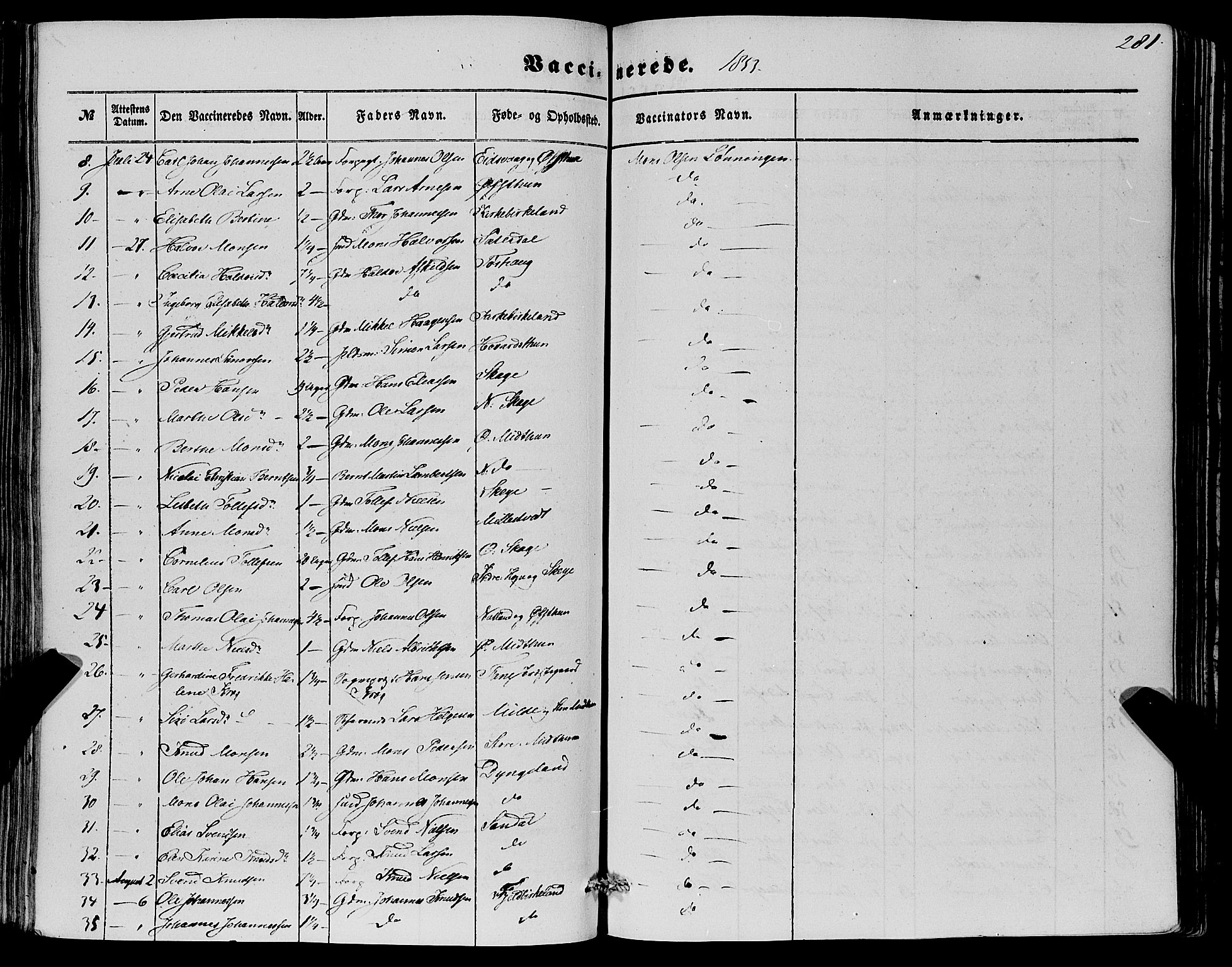 Fana Sokneprestembete, AV/SAB-A-75101/H/Haa/Haaa/L0011: Parish register (official) no. A 11, 1851-1862, p. 281