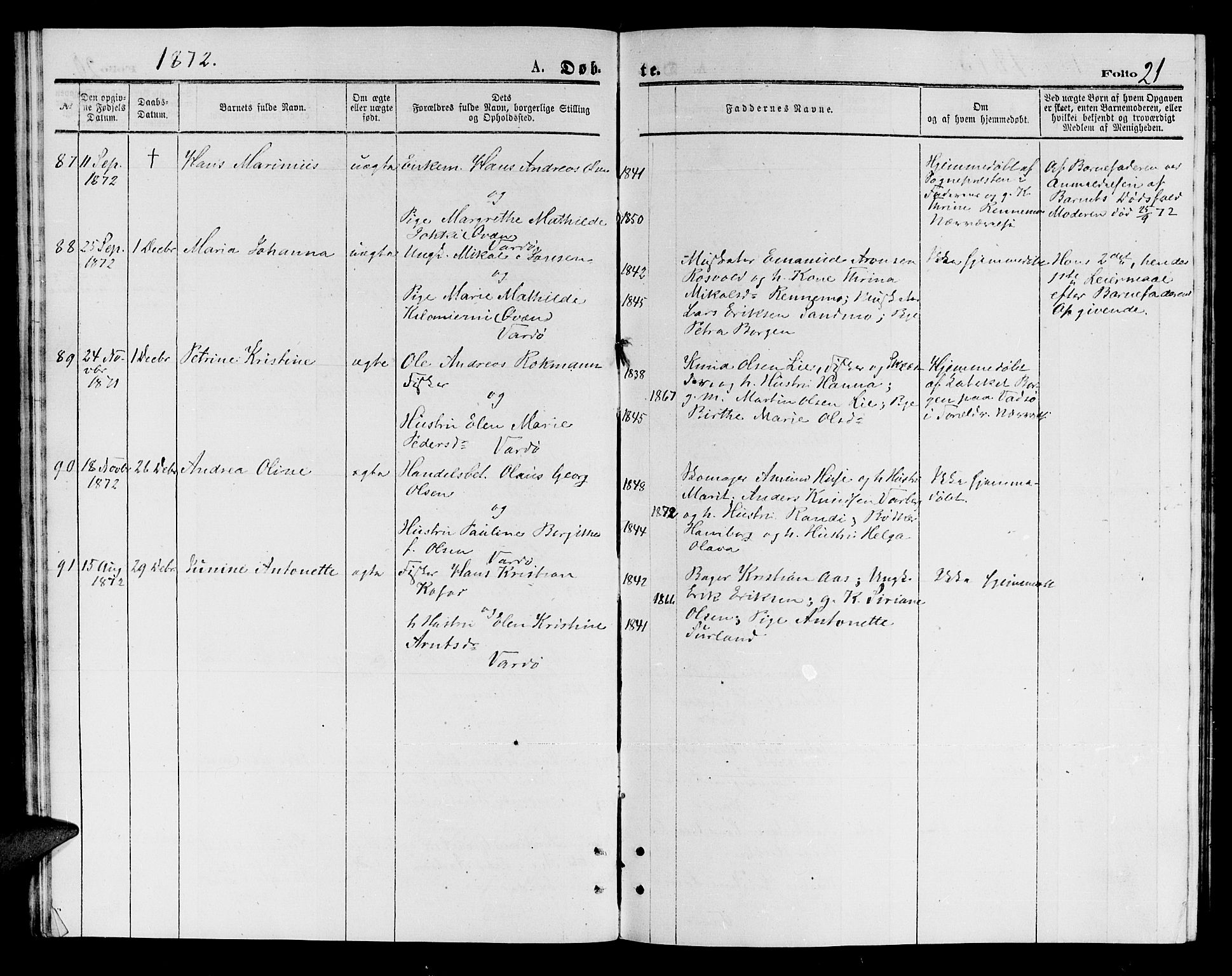 Vardø sokneprestkontor, AV/SATØ-S-1332/H/Hb/L0003klokker: Parish register (copy) no. 3, 1871-1878, p. 21